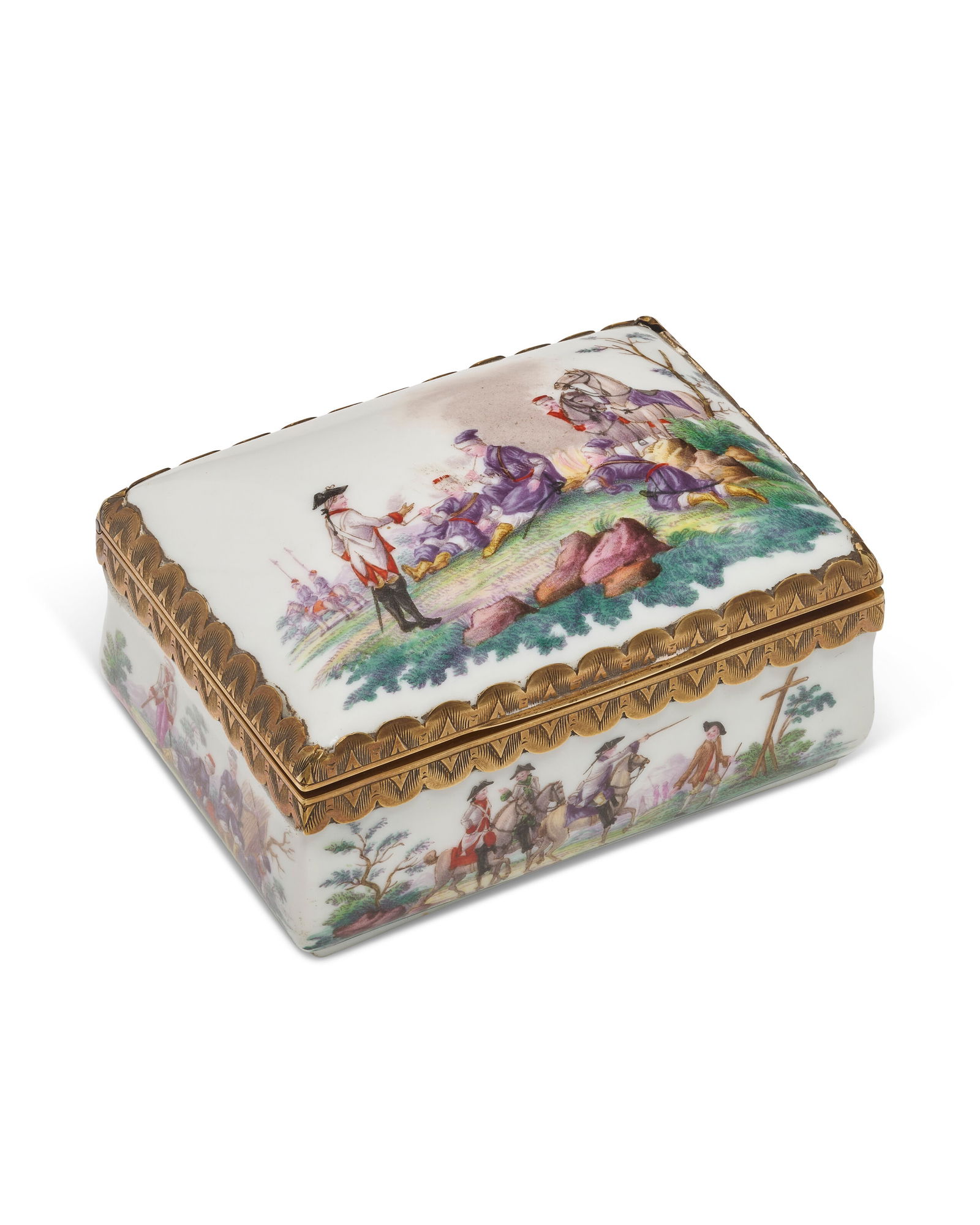 A GOLD-MOUNTED GERMAN PORCELAIN SNUFF-BOX AND COVER 19TH CENTURY, FAINT BLUE CROSSED SWORDS MARK TO (1 of 4)