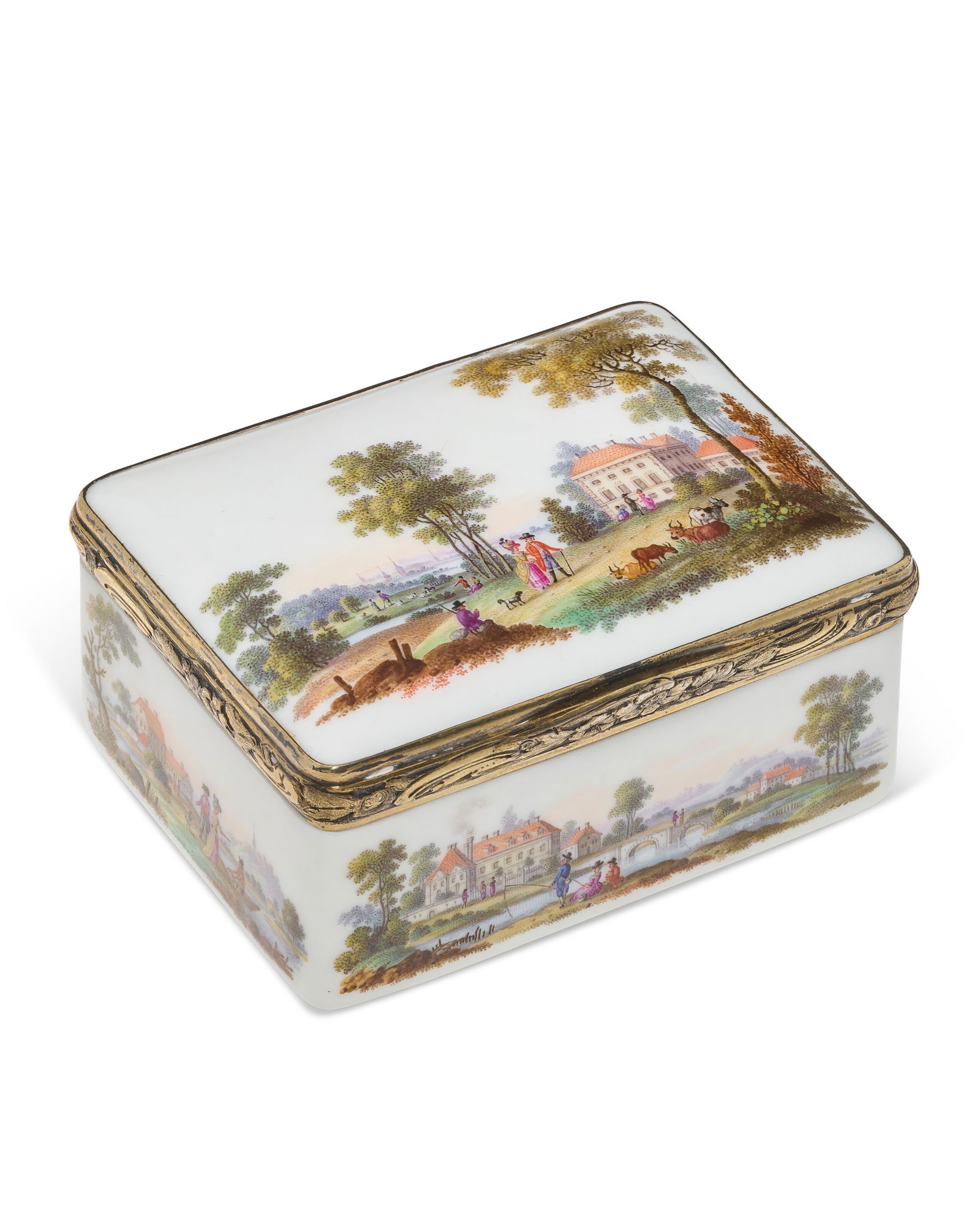 A SILVER-GILT MOUNTED GERMAN PORCELAIN RECTANGULAR SNUFF-BOX AND COVER LATE 18TH CENTURY, POSSIBLY (1 of 5)
