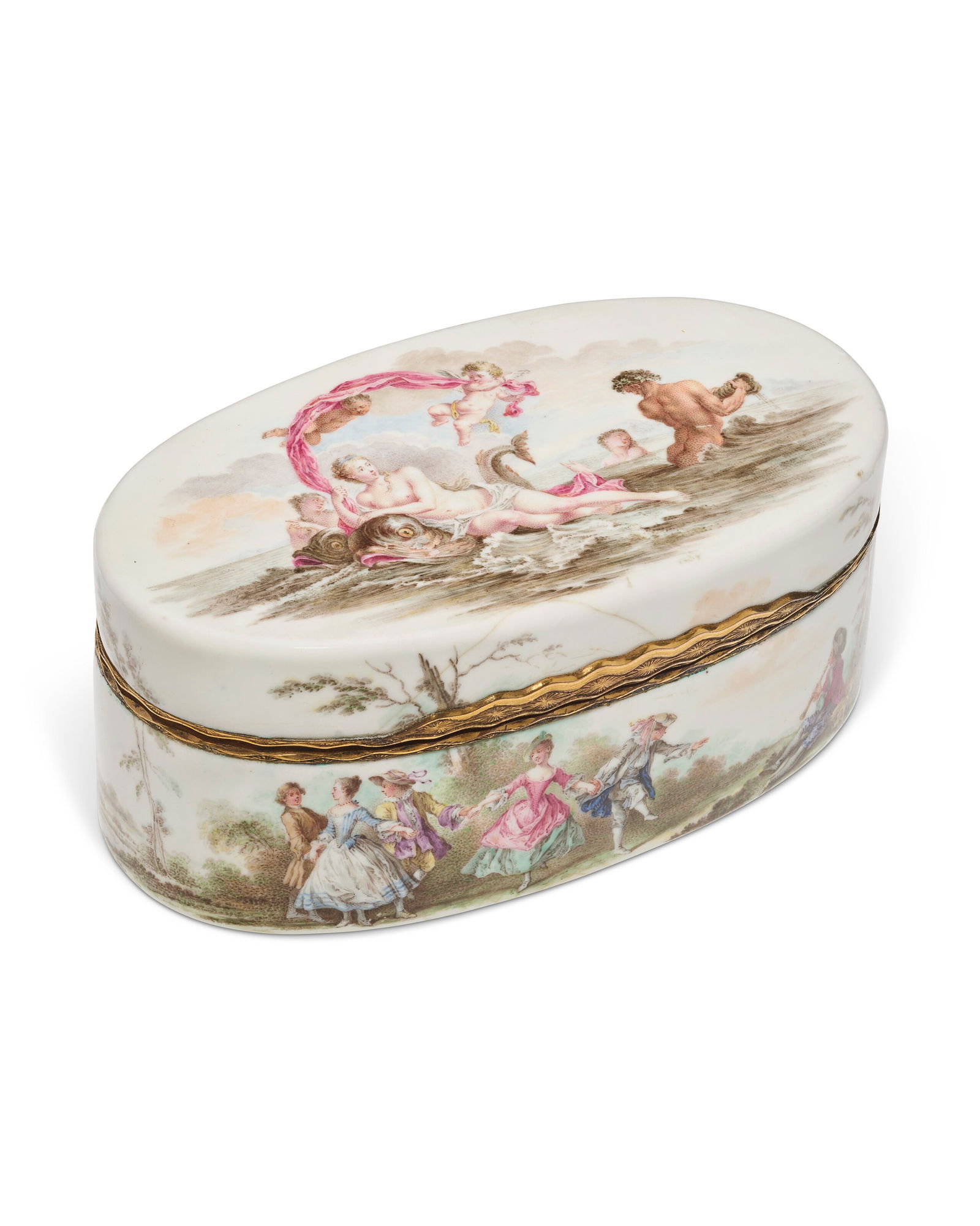 A GILT-METAL MOUNTED ENGLISH OR CONTINENTAL ENAMEL OVAL SNUFF-BOX AND COVER 18TH/19TH CENTURY (1 of 5)