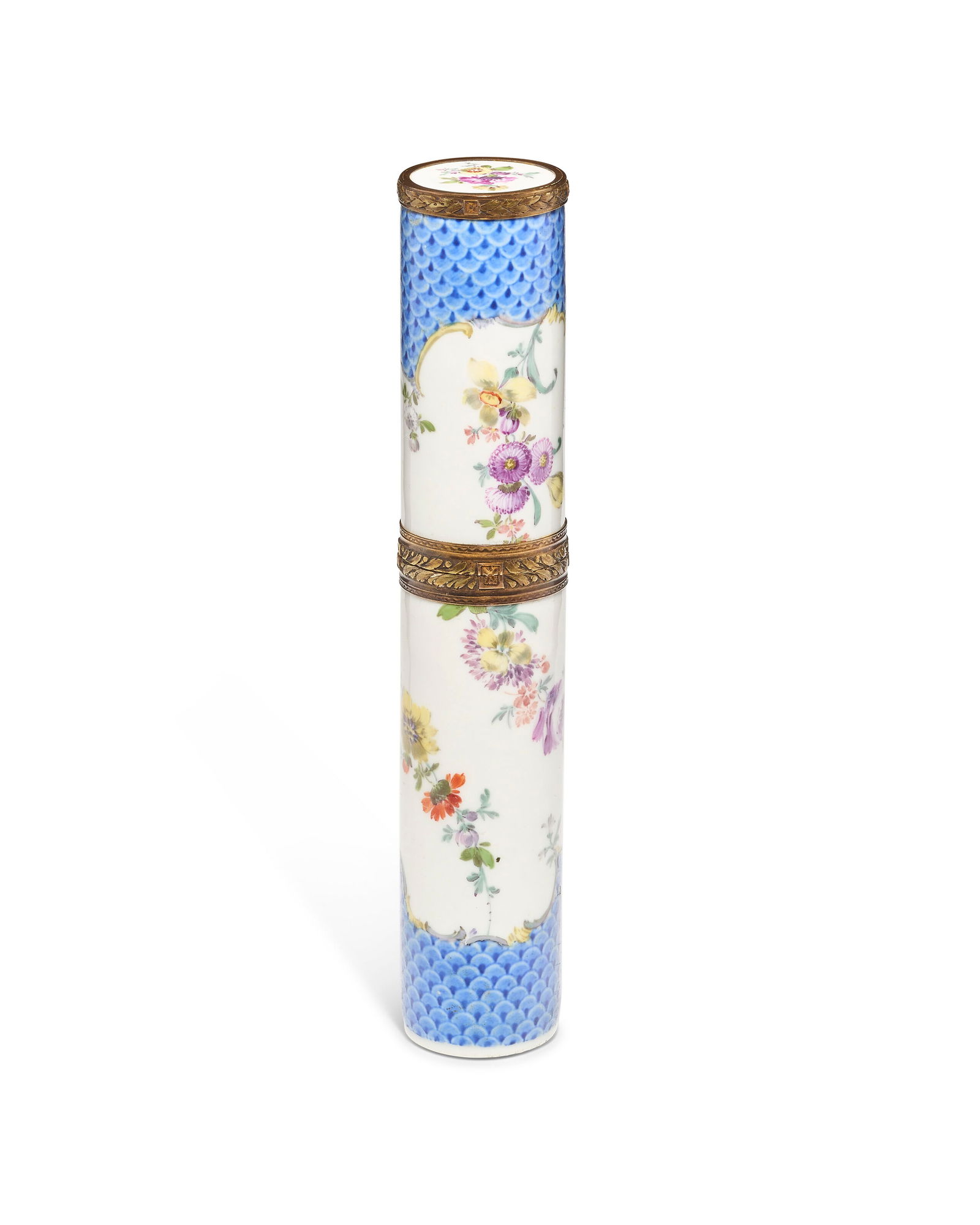 A SILVER-GILT MOUNTED MEISSEN PORCELAIN 'BLUE-SCALE' CYLINDRICAL ETUI AND COVER, NOW MOUNTED AS A (1 of 4)