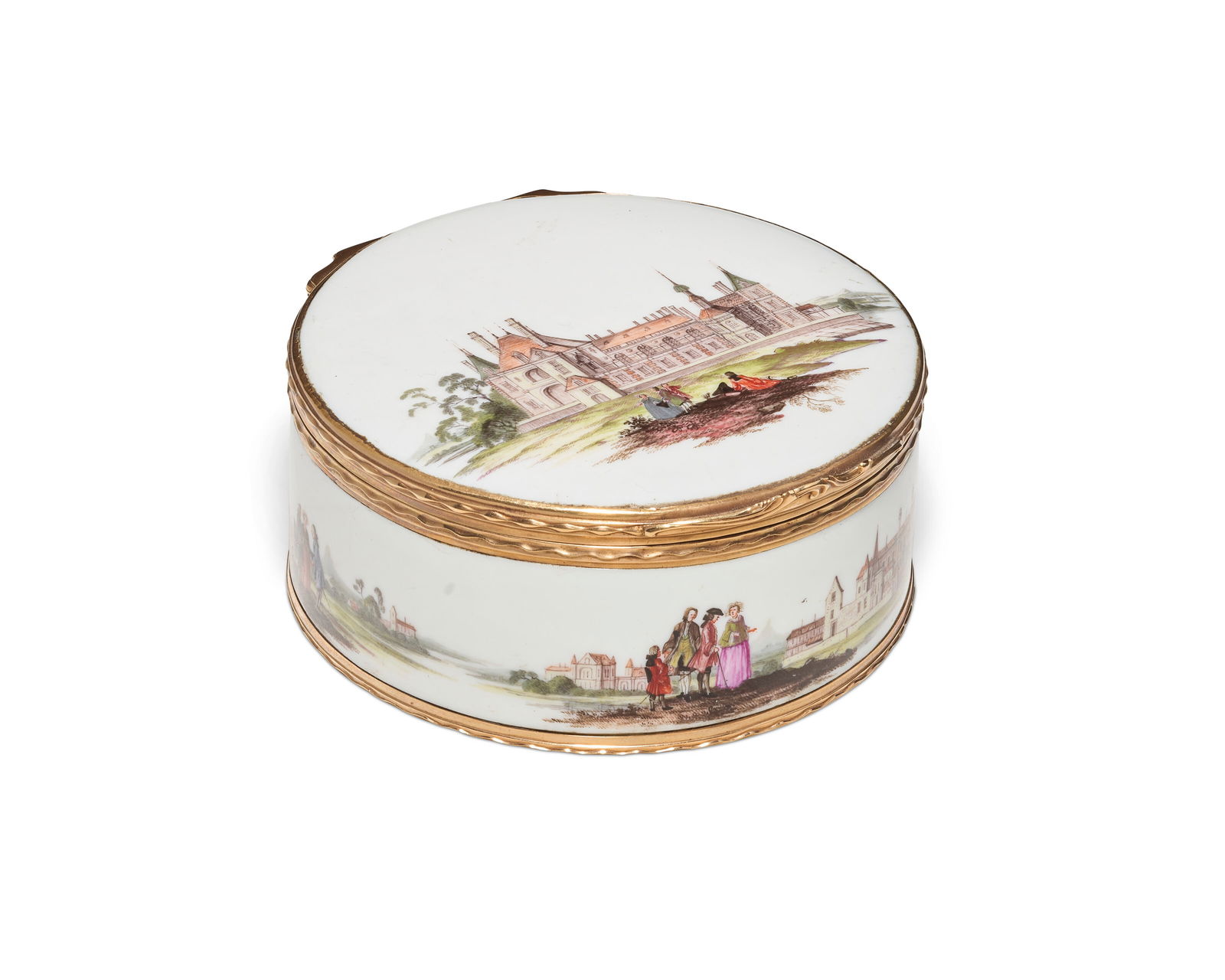 A GOLD-MOUNTED MEISSEN PORCELAIN CIRCULAR SNUFF-BOX AND COVER 19TH CENTURY (1 of 5)