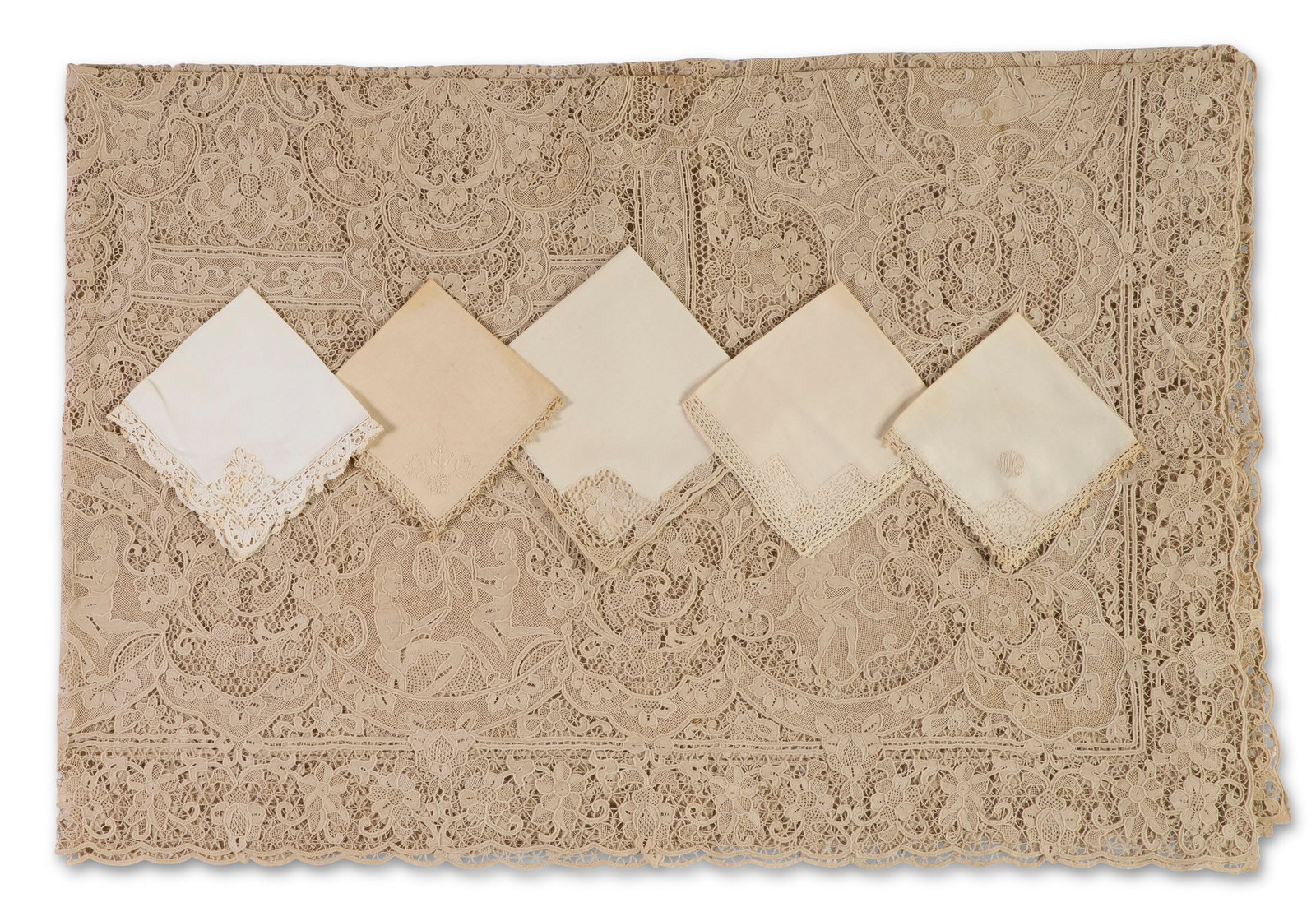 TWO ITALIAN NEEDLE LACE TABLECLOTHES WITH ASSEMBLED NAPKINS 20TH CENTURY (1 of 1)