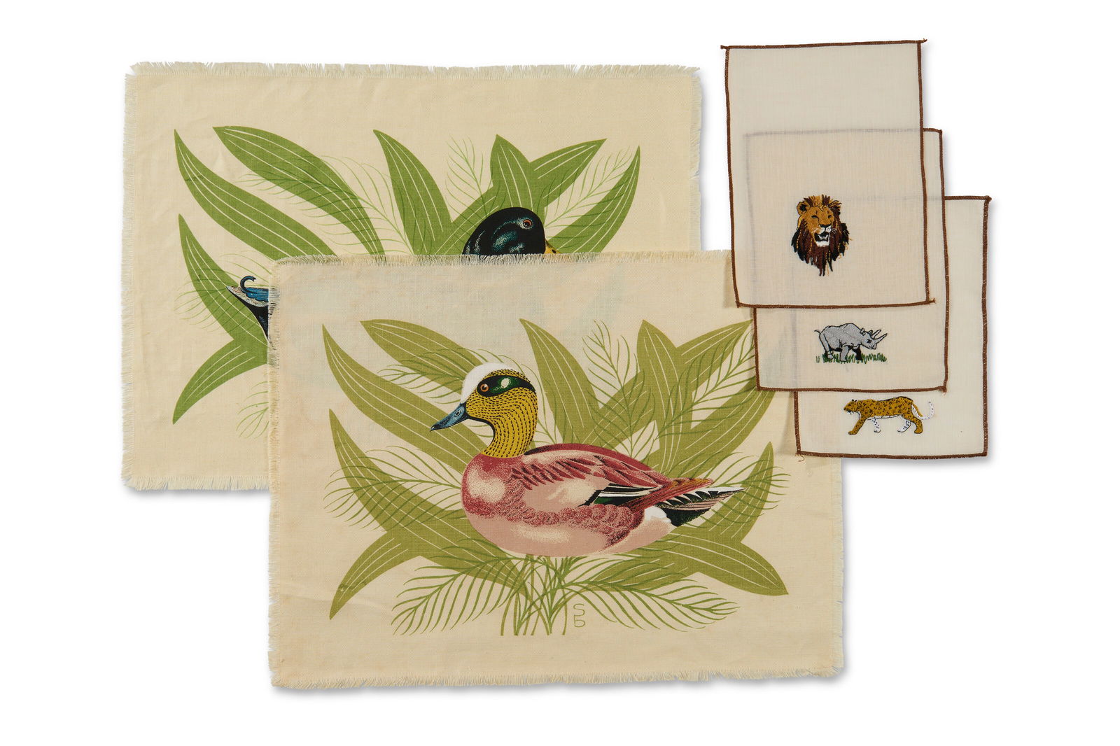 TWELVE DUCK DECOY PLACEMATS LERON, 20TH CENTURY: TWELVE DUCK DECOY PLACEMATS LERON, 20TH CENTURY Details Together with twelve safari themed linen cocktail napkins by Leron 12 placemats: 18 in. x 13 in. including fringe 12 cocktail napkins 8 in. x 6