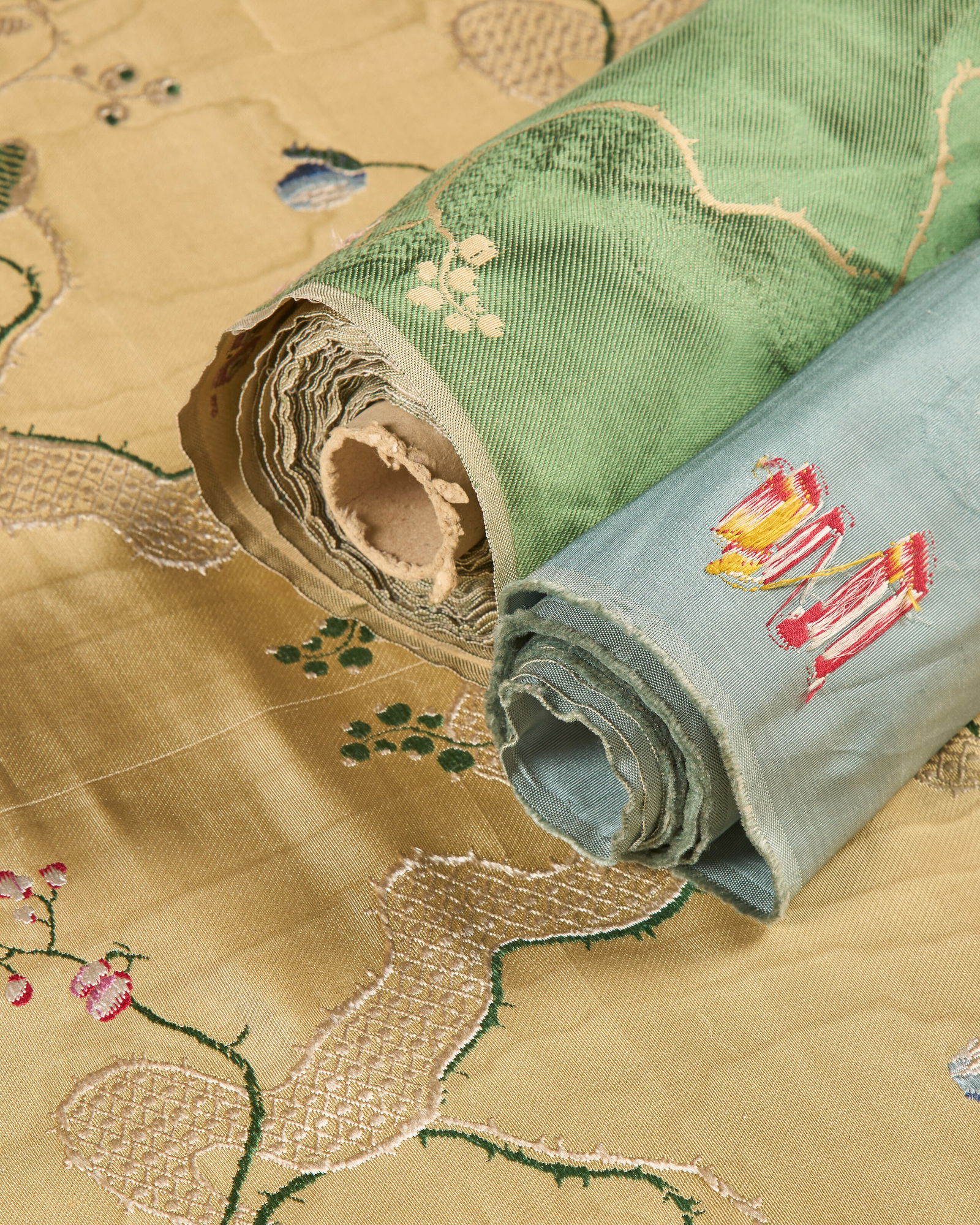 THREE PARTIAL ROLLS OF SILK DAMASK FURNISHING FABRIC WOVEN ON 18TH CENTURY LOOMS, 20TH CENTURY (1 of 2)