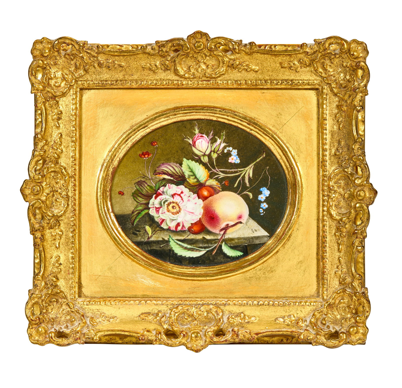 A SMALL ENGLISH PORCELAIN OVAL PLAQUE OF A STILL-LIFE FIRST HALF 19TH CENTURY: A SMALL ENGLISH PORCELAIN OVAL PLAQUE OF A STILL-LIFE FIRST HALF 19TH CENTURY Details Finely painted with a peach, cherries and flower blooms on a ledge 4 1⁄2 in. (11.3 cm.) wide, excluding the