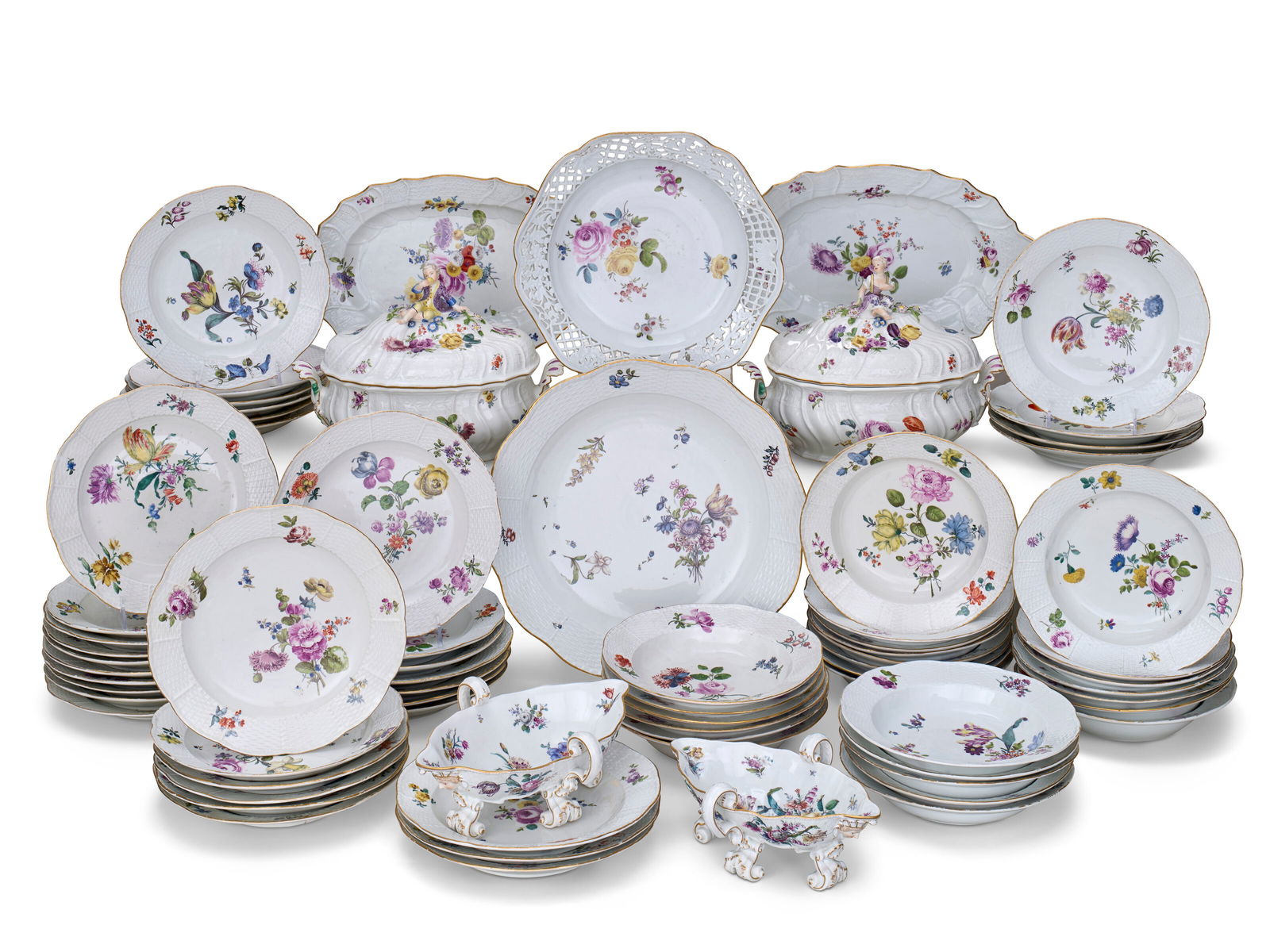AN ASSEMBLED MEISSEN PORCELAIN PART DINNER SERVICE CIRCA 1750 AND LATER: AN ASSEMBLED MEISSEN PORCELAIN PART DINNER SERVICE CIRCA 1750 AND LATER Details Each piece finely painted with flowers within variant ozier-molded rims, comprising: A pair of tureens, covers and stand