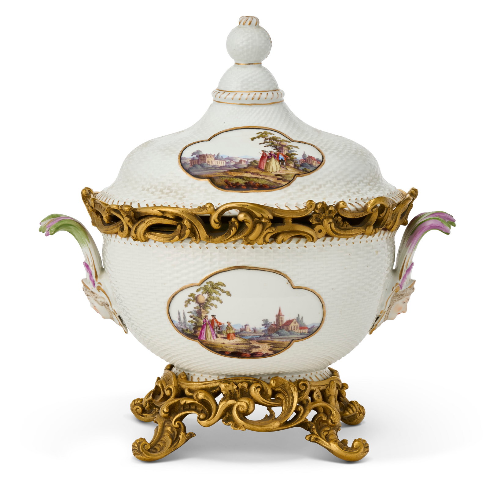 AN ORMOLU-MOUNTED MEISSEN PORCELAIN TUREEN AND COVER THE PORCELAIN CIRCA 1738, BLUE CROSSED SWORDS: AN ORMOLU-MOUNTED MEISSEN PORCELAIN TUREEN AND COVER THE PORCELAIN CIRCA 1738, BLUE CROSSED SWORDS MARK WITH INCISION, THE DECORATION OUTSIDE THE FACTORY AND OF LATER DATE, THE MOUNTS LATE 19TH CENTUR