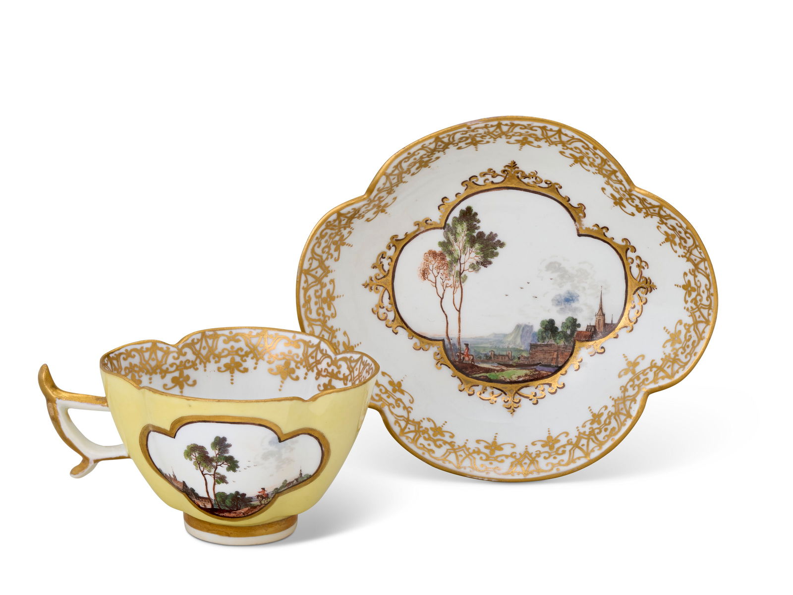 A MEISSEN PORCELAIN YELLOW-GROUND TEACUP AND SAUCER CIRCA 1735-1740, BLUE CROSSED SWORDS MARKS (1 of 4)