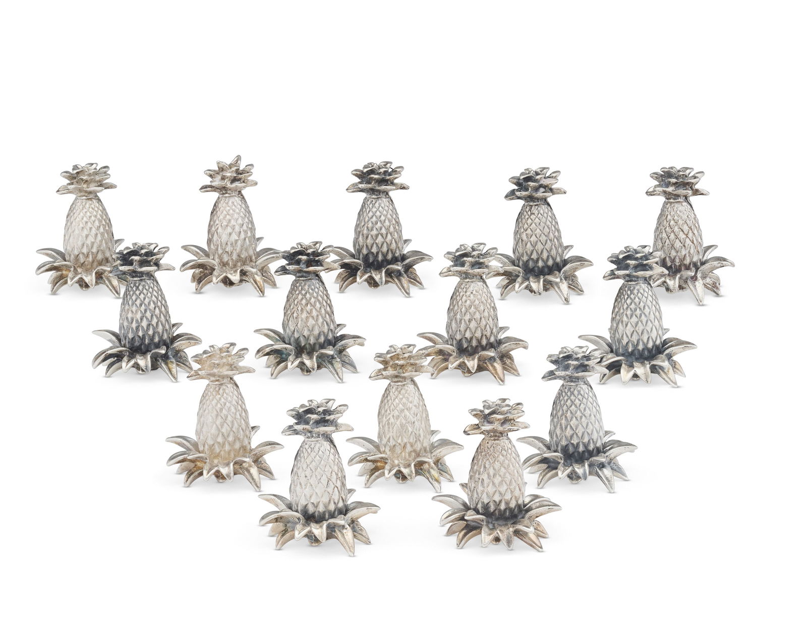 A SET OF FOURTEEN AMERICAN SILVER PLACECARD HOLDERS MARK OF TIFFANY & CO., NEW YORK, SECOND HALF: A SET OF FOURTEEN AMERICAN SILVER PLACECARD HOLDERS MARK OF TIFFANY & CO., NEW YORK, SECOND HALF 20TH CENTURY Details Each formed as a pineapple with leafy base, marked on undersides TIFFANY & CO. STE