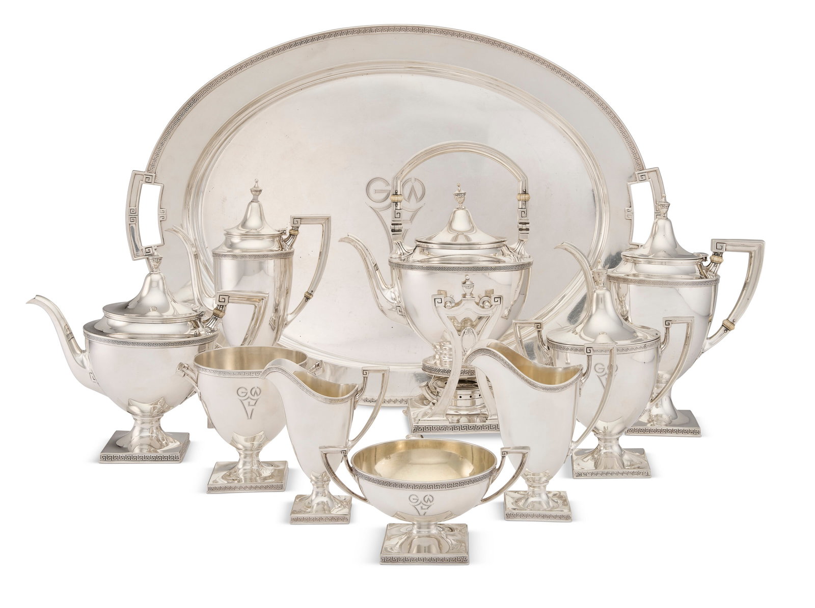 AN AMERICAN SILVER NINE-PIECE TEA AND COFFEE SERVICE AND TRAY MARK OF GORHAM MFG. CO., PROVIDENCE, (1 of 2)
