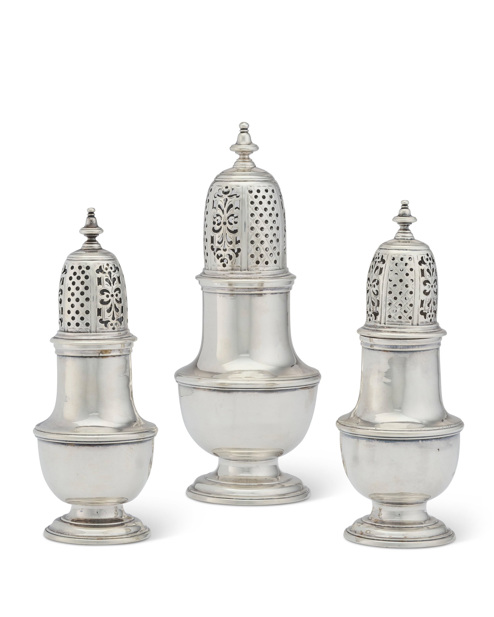 A SET OF THREE GEORGE II SILVER CASTERS MARK OF SAMUEL WOOD, LONDON, 1744 (1 of 1)