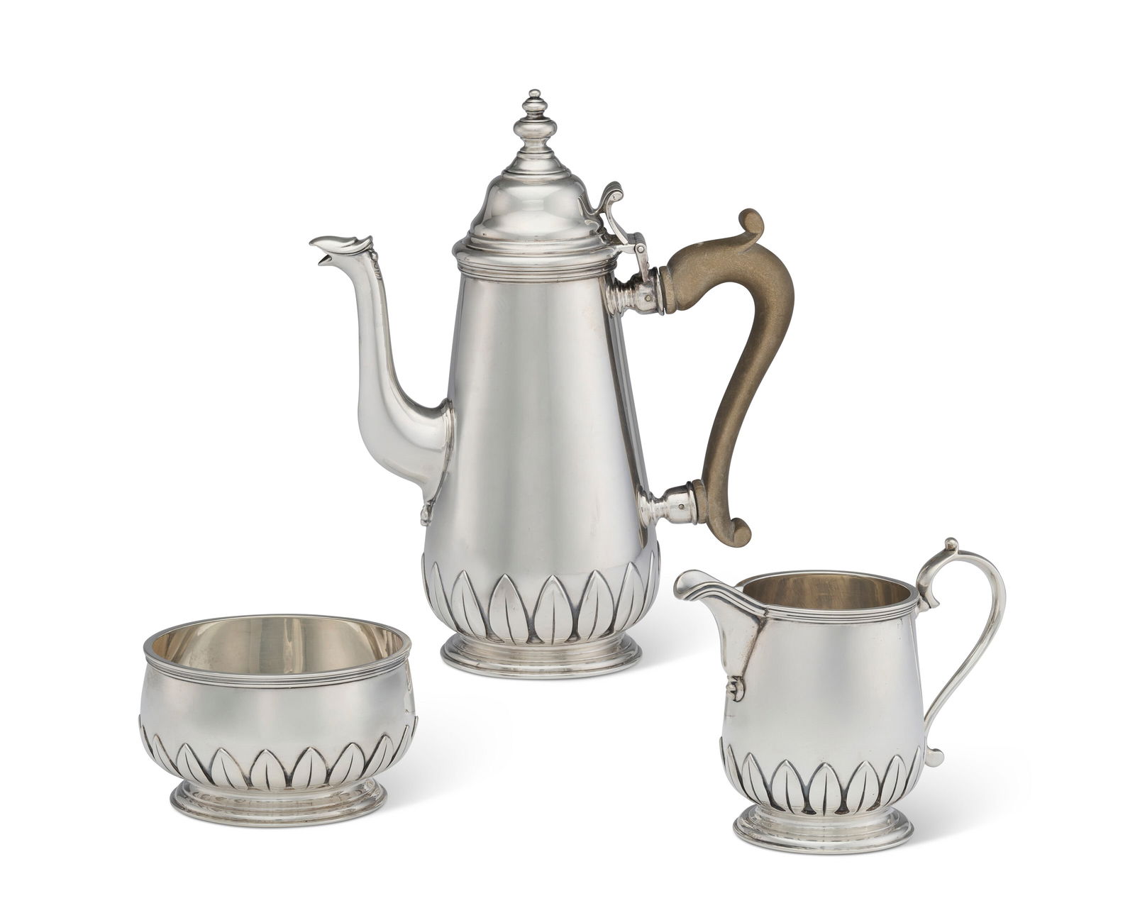 A GEORGE V SILVER THREE-PIECE COFFEE SERVICE MARK OF HORACE WOODWARD & CO, BIRMINGHAM, 1921 (1 of 1)