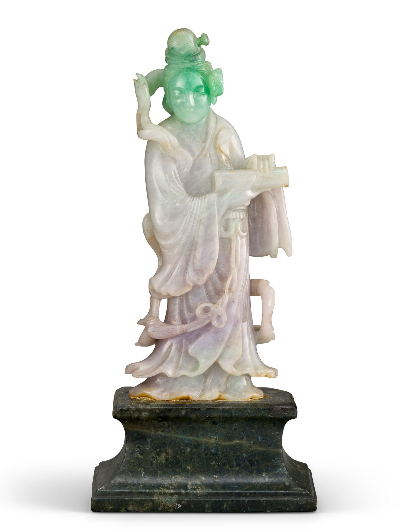 A CHINESE LAVENDER AND GREEN JADEITE FIGURE OF GUANYIN (1 of 4)