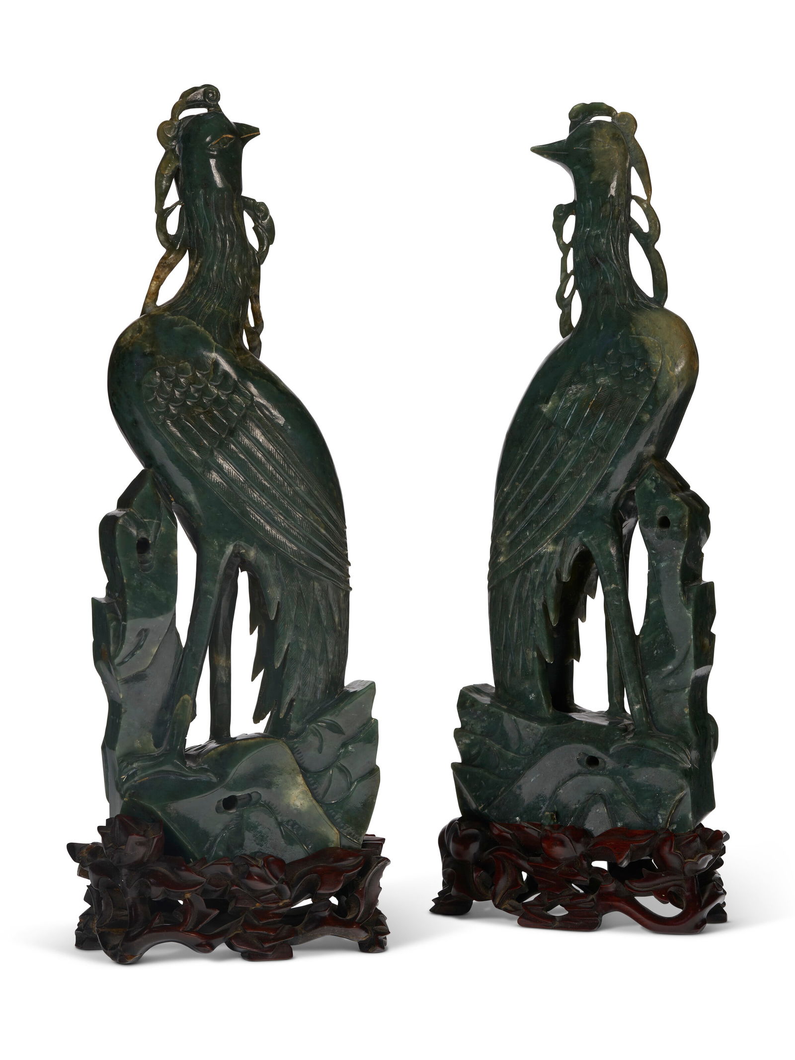 A PAIR OF CHINESE SPINACH-GREEN JADE CARVINGS OF PHOENIXES (1 of 3)