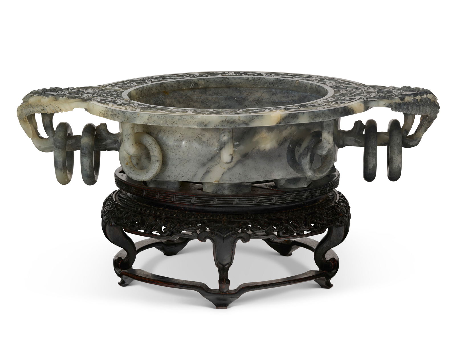 A CARVED GREY AND WHITE JADE WASHER (1 of 5)