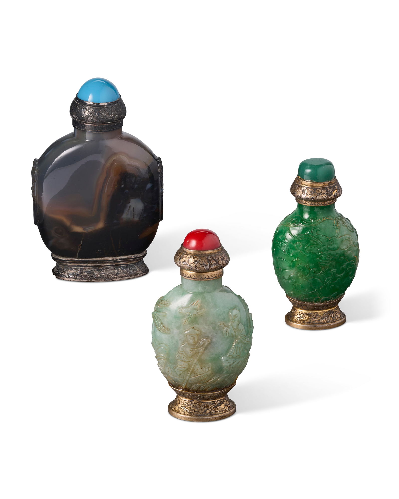 THREE CHINESE HARDSTONE SNUFF BOTTLES WITH MARQUET MOUNTS 19TH-20TH CENTURY (1 of 5)