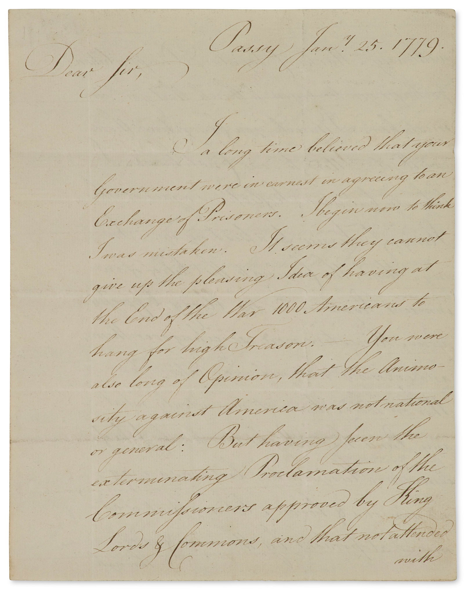 BENJAMIN FRANKLIN (1706-1790) Letter signed to David Hartley, Passy, 25 January 1779. (1 of 4)