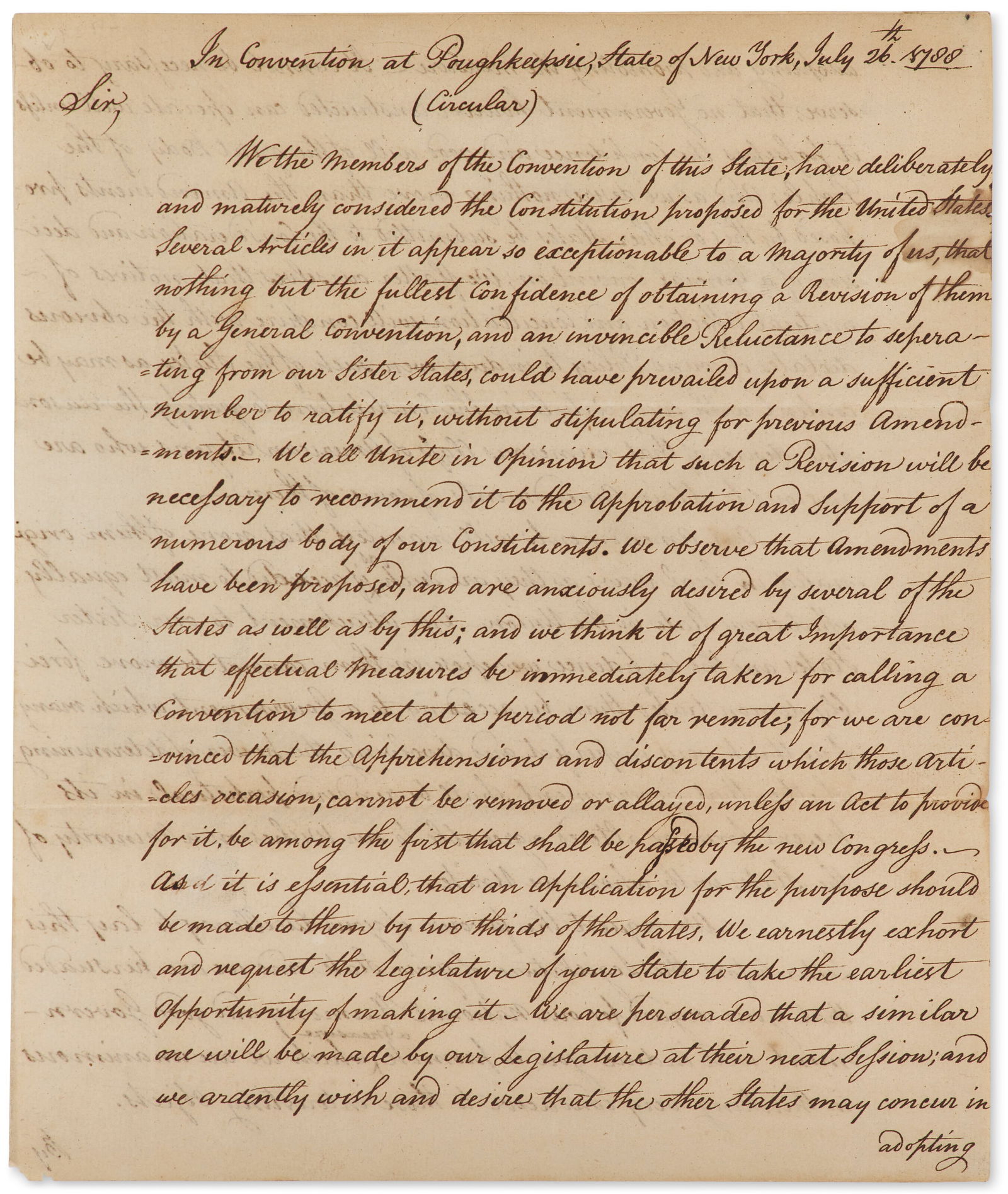 GEORGE CLINTON (1739-1812) Circular letter signed, Poughkeepsie, 26 July 1788 (1 of 4)