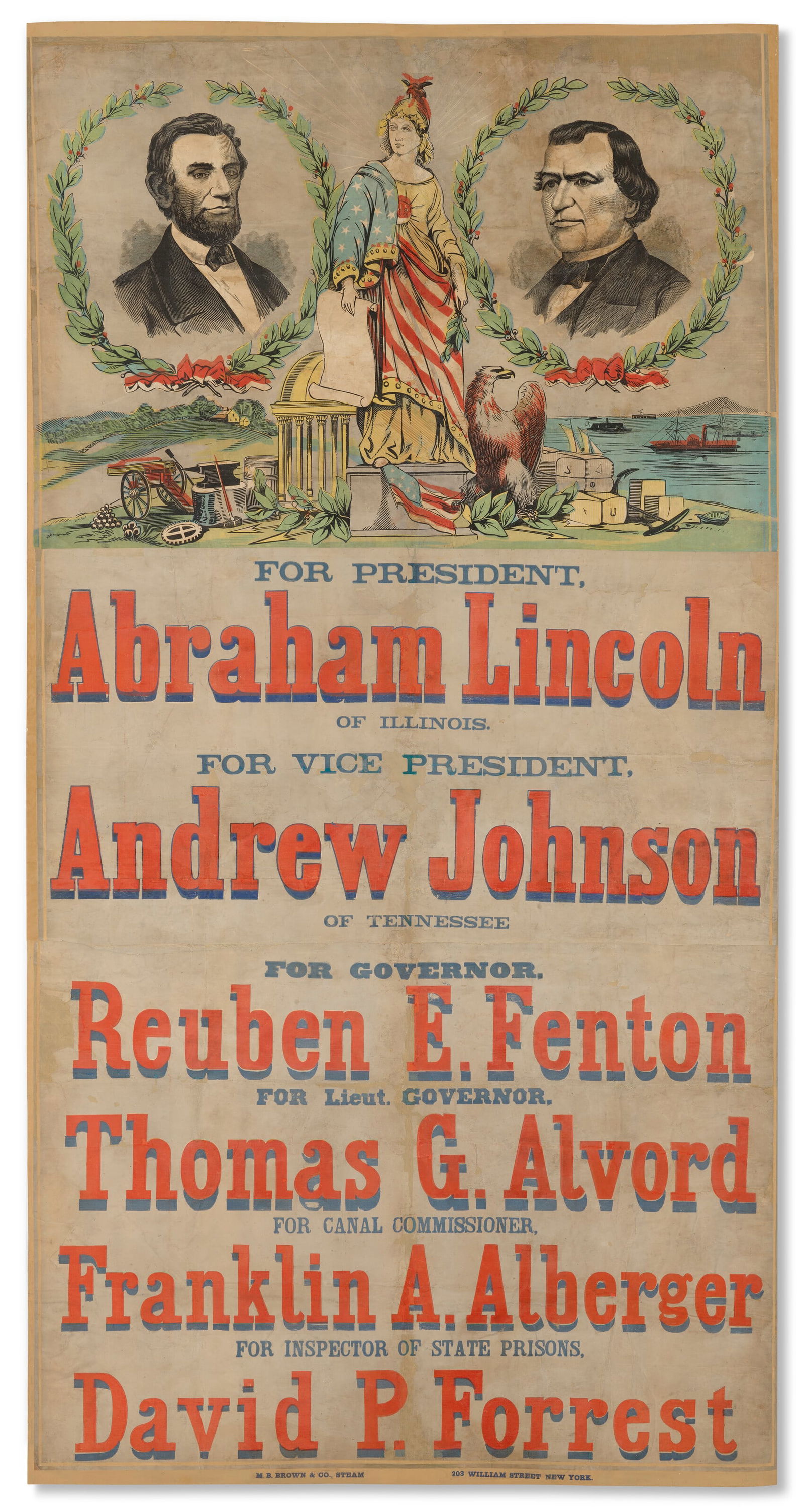 A LARGE, THREE-SHEET CAMPAIGN BROADSIDE FOR ABRAHAM LINCOLN AND ANDREW JOHNSON M.B. Brown & Co., (1 of 2)