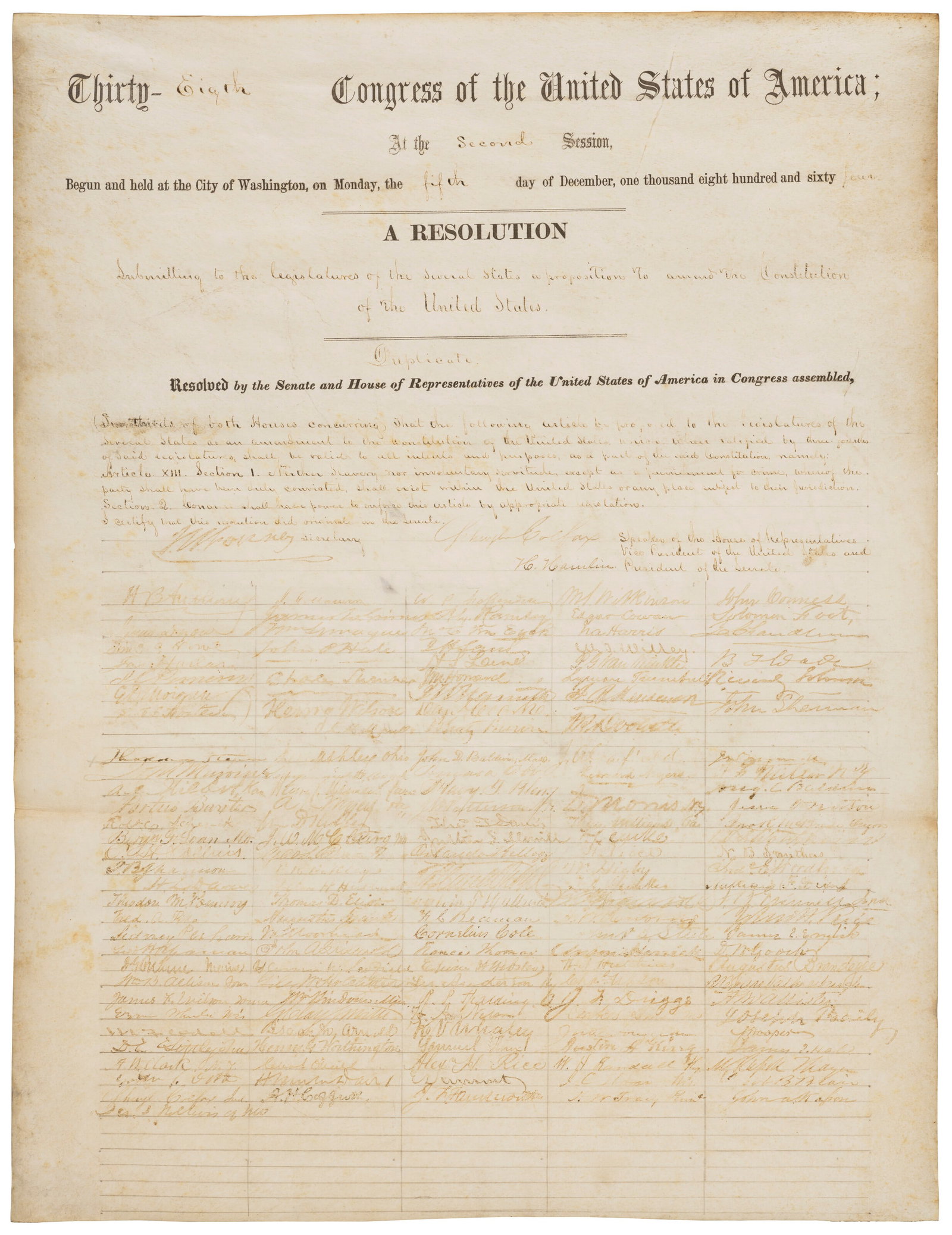 UNITED STATES CONGRESS THE THIRTEENTH AMENDMENT TO THE CONSTITUTION (1 of 1)
