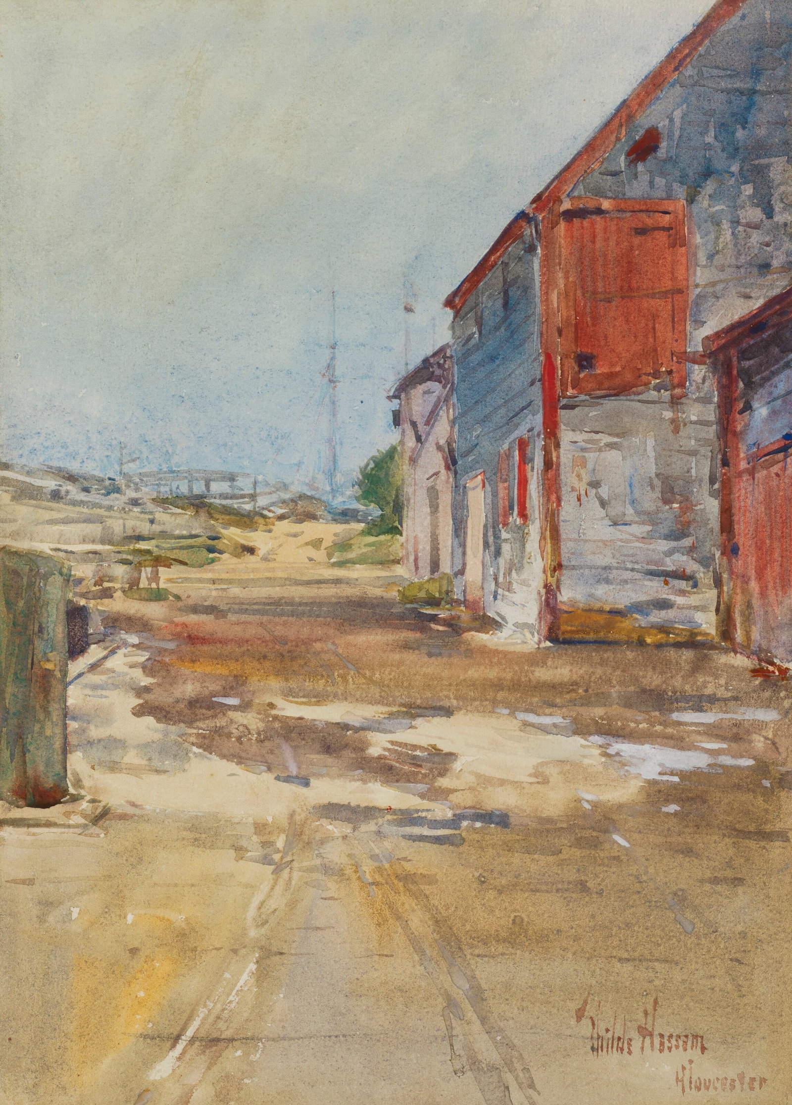 CHILDE HASSAM (1859-1935) Gloucester: CHILDE HASSAM (1859-1935) Gloucester Details CHILDE HASSAM (1859-1935) Gloucester signed with artist's crescent device and inscribed with title 'Childe Hassam' (lower right) watercolor on paper 14 