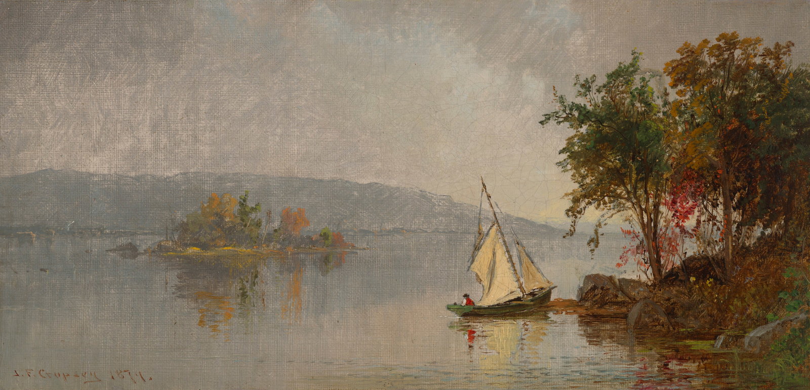 JASPER FRANCIS CROPSEY (1823-1900) Boating on the Hudson: JASPER FRANCIS CROPSEY (1823-1900) Boating on the Hudson Details JASPER FRANCIS CROPSEY (1823-1900) Boating on the Hudson signed and dated 'J.F. Cropsey 1874.' (lower left) oil on canvas 6 ½ x 12