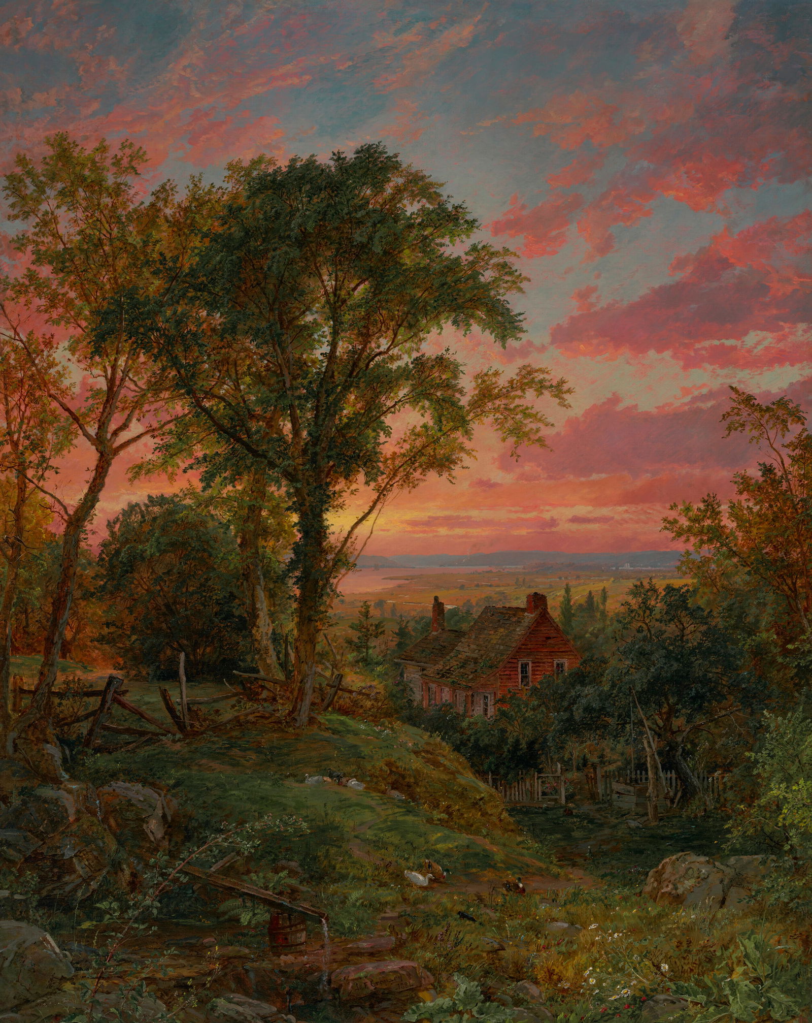 JASPER FRANCIS CROPSEY (1823-1900) The Old Home, Warwick, New York: Details JASPER FRANCIS CROPSEY (1823-1900) The Old Home, Warwick, New York signed and dated 'JF. Cropsey/1884.' (in the rock at lower center) oil on canvas 60 x 48 in. (152.4 x 121.9 cm.) Painted in 1