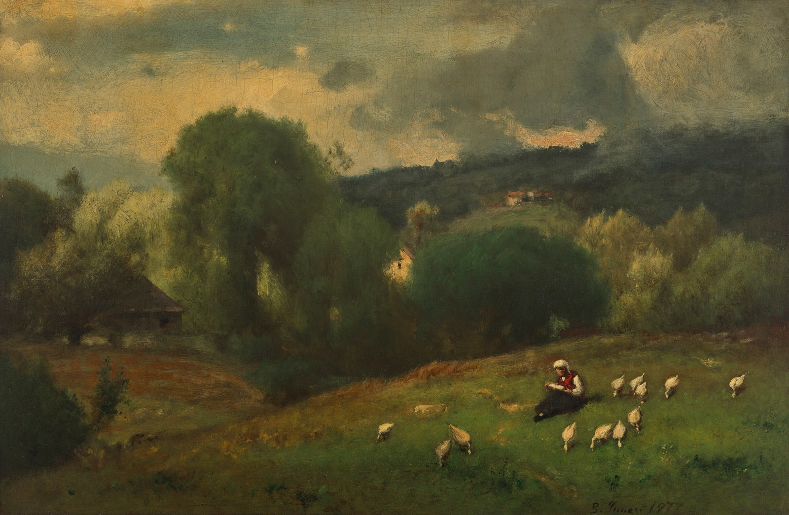 GEORGE INNESS (1825-1894) Near Irvington, N.Y.: Details GEORGE INNESS (1825-1894) Near Irvington, N.Y. signed and dated 'G. Inness 1877' (lower right)—inscribed with title (on the stretcher) oil on canvas 16 ¼ x 24 ¼ in. (41.3 x 61.