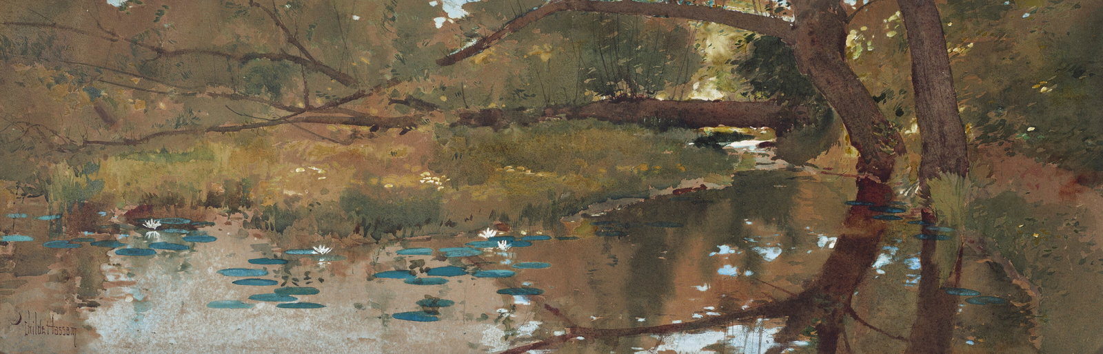 CHILDE HASSAM (1859-1935) Landscape with Woodland Pool: Details CHILDE HASSAM (1859-1935) Landscape with Woodland Pool signed with artist's crescent device 'Childe Hassam' (lower left) watercolor and gouache on paper 11 ¾ x 35 ¾ in. (29.8 x 90.8