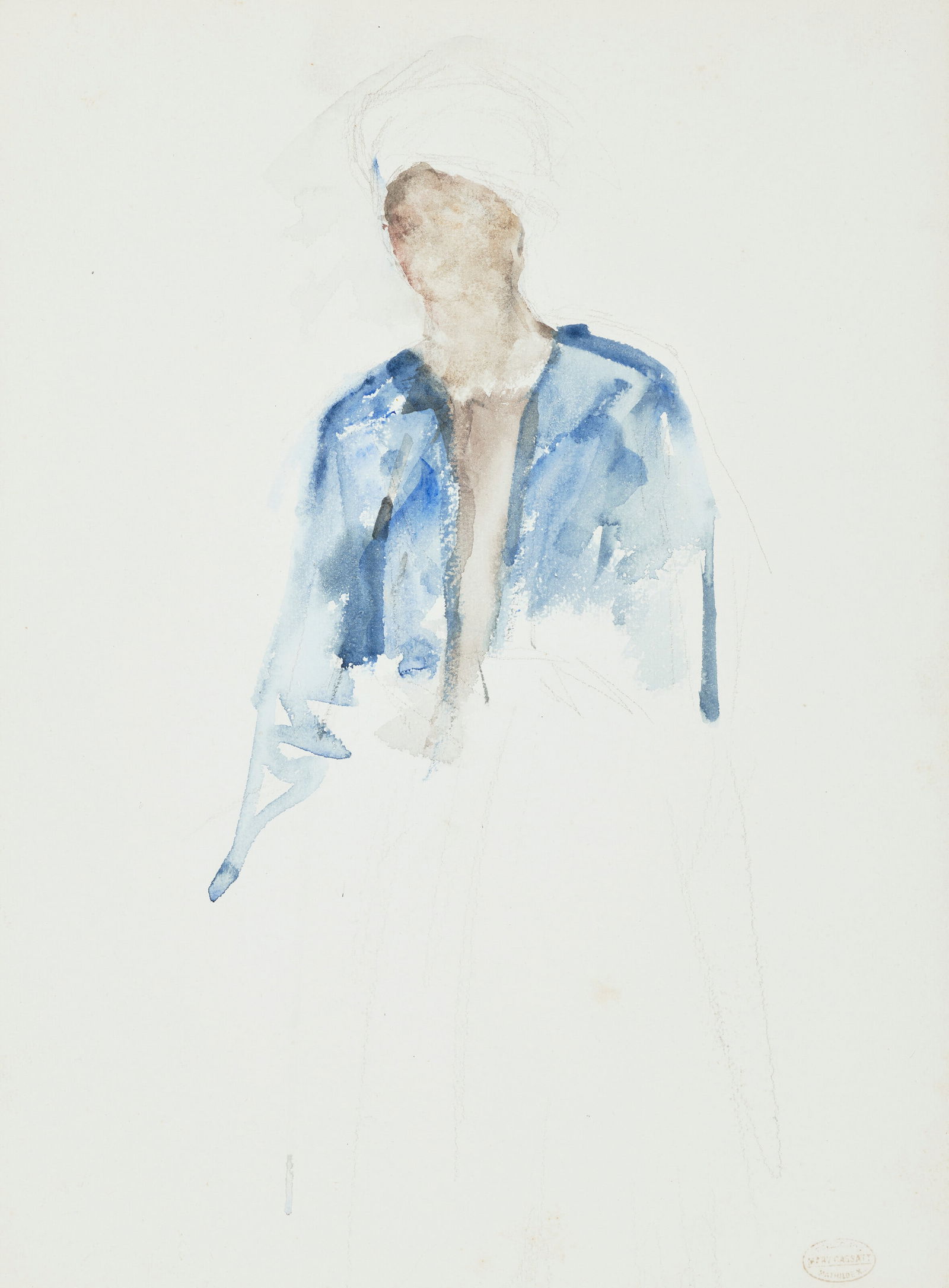 MARY CASSATT (1844-1926) Slight Sketch of a Nubian in a Blue Robe: Details MARY CASSATT (1844-1926) Slight Sketch of a Nubian in a Blue Robe watercolor and pencil on paper 15 ½ x 11 ¾ in. (39.4 x 29.8 cm.) Executed in 1911. Provenance The artist. Mathilde V