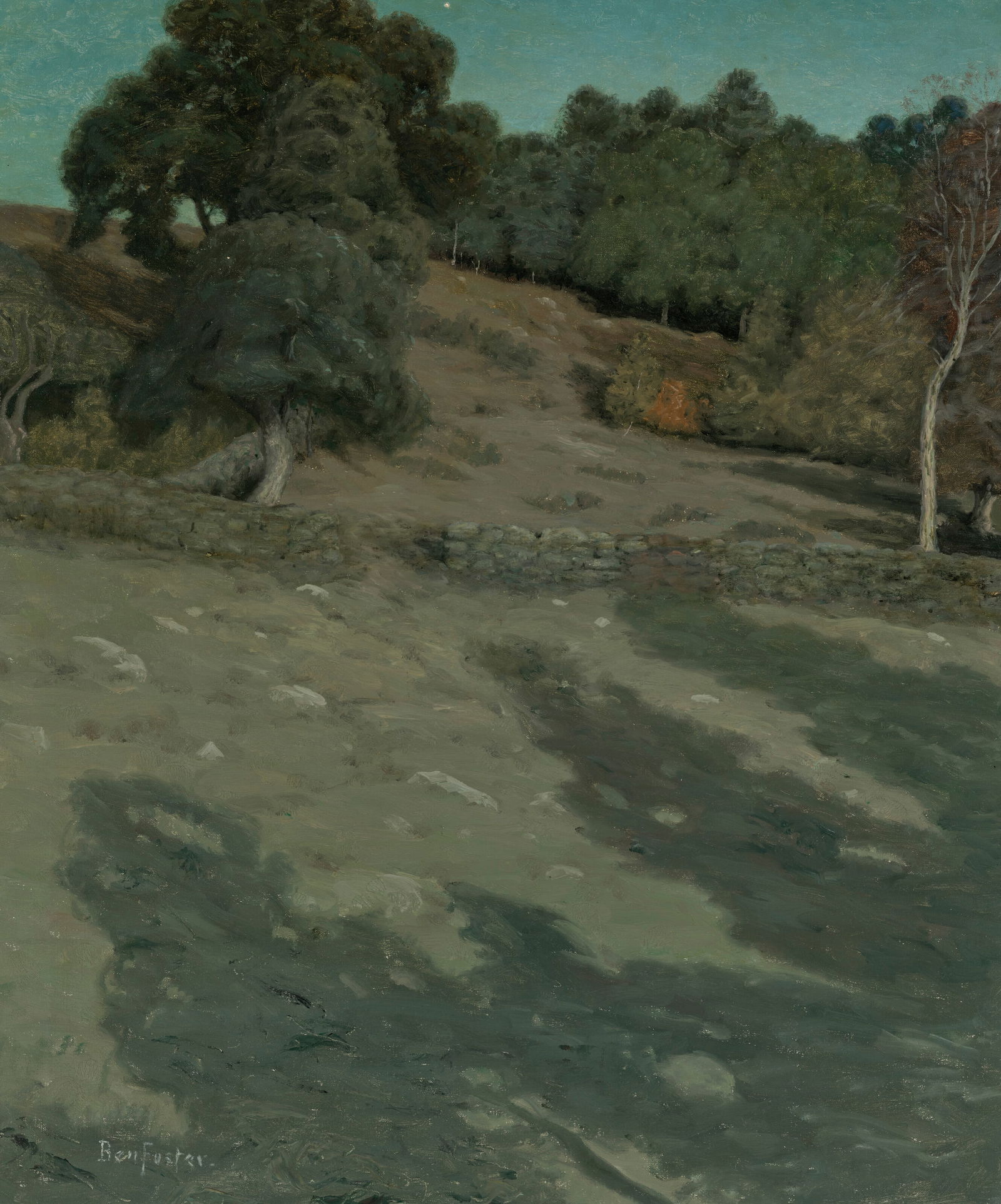 BENJAMIN FOSTER (1852-1926) Early Moonlight: Details BENJAMIN FOSTER (1852-1926) Early Moonlight signed 'Ben Foster.' (lower left) oil on canvas 36 x 30 in. (91.4 x 76.2 cm.) Painted circa 1912. Provenance The artist. Charlotte Scott Chapin, acq
