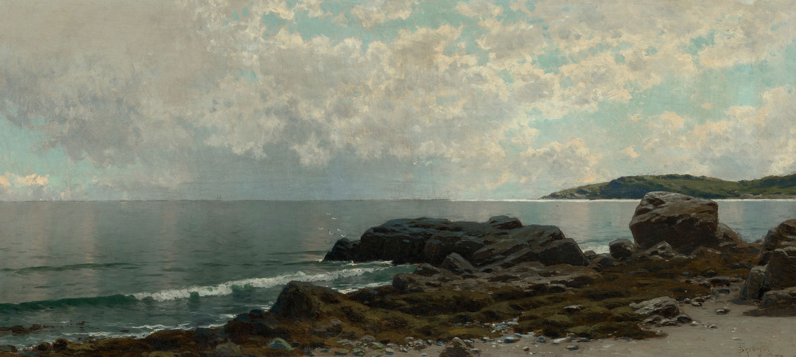 ALFRED THOMPSON BRICHER (1837-1908) Coast off Grand Manan: Details ALFRED THOMPSON BRICHER (1837-1908) Coast off Grand Manan signed with initials in monogram 'ATBricher' (lower right) oil on canvas 15 ¼ x 33 in. (38.7 x 83.8 cm.) Exhibited Montgomery, Al