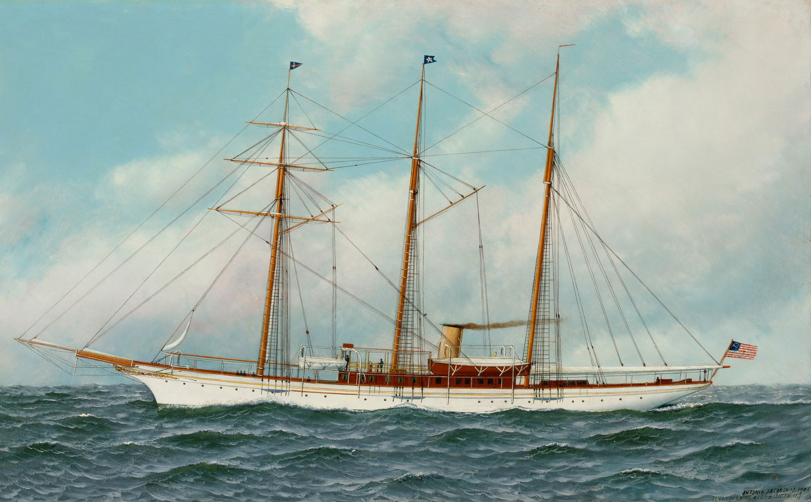 ANTONIO NICOLO GASPARO JACOBSEN (1850-1921) The Yacht Sultana: Details ANTONIO NICOLO GASPARO JACOBSEN (1850-1921) The Yacht Sultana signed, dated and inscribed 'Antonio Jacobsen. 1906?31 Palseade [sic] Av. West Hoboken. N.J.' (lower right) oil on board 22 x 35 &