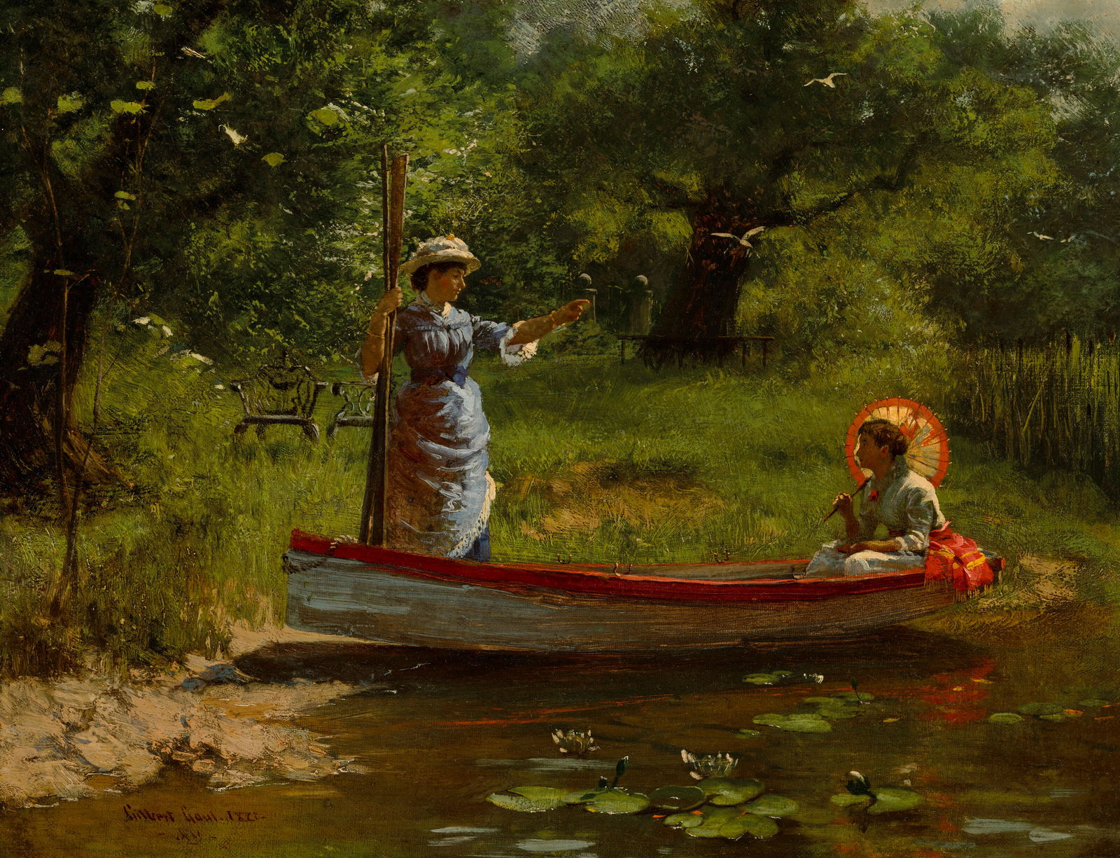 GILBERT GAUL (1855-1919) Two Young Ladies in a Rowboat: Details GILBERT GAUL (1855-1919) Two Young Ladies in a Rowboat signed and dated 'Gilbert Gaul. 1881./-NY-' (lower left) oil on canvas 14 x 18 in. (35.6 x 45.7 cm.) Painted in 1881. Provenance DuMouche