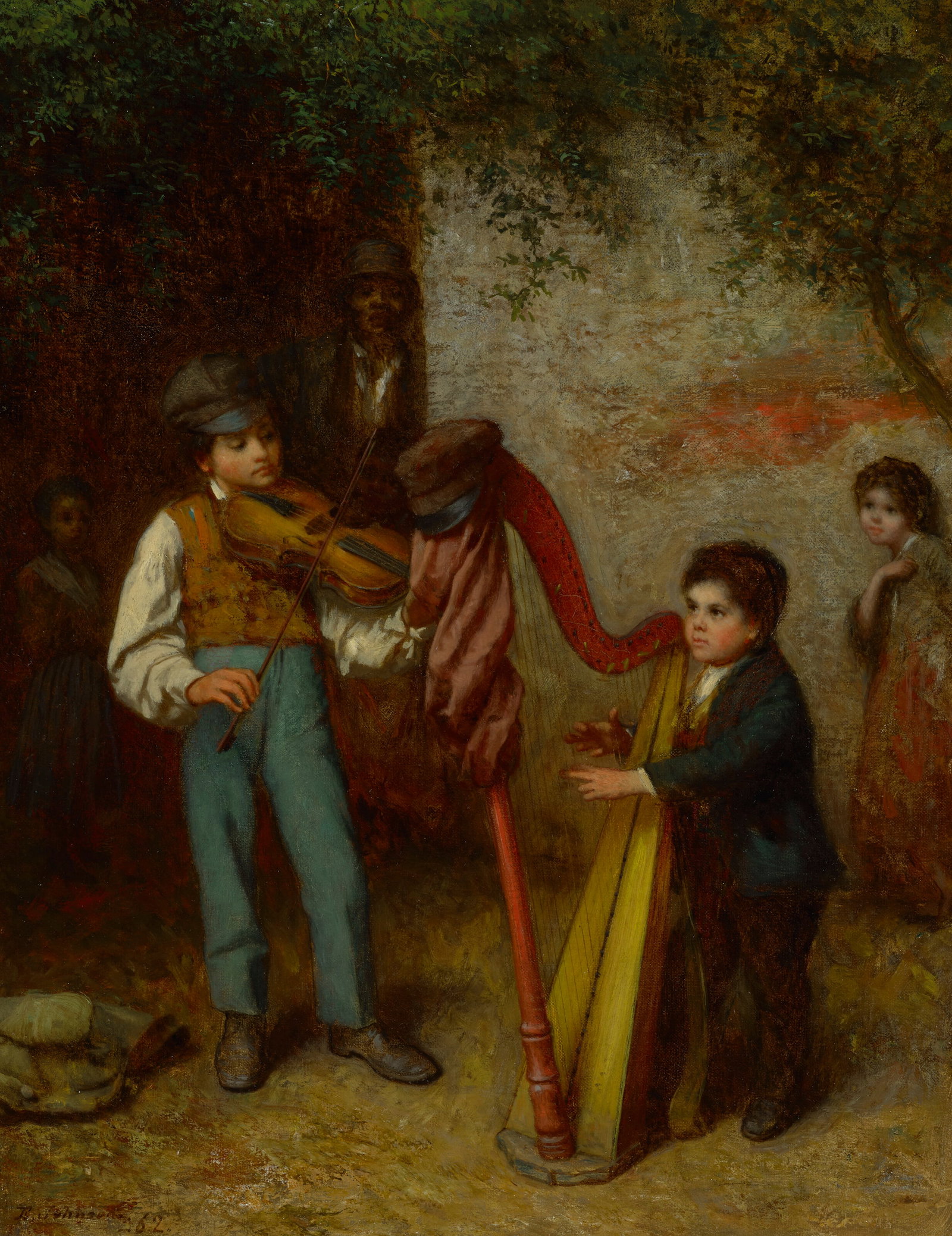 EASTMAN JOHNSON (1824-1906) The Young Musicians: Details EASTMAN JOHNSON (1824-1906) The Young Musicians signed and dated 'E. Johnson./62.' (lower left) oil on canvas 19 x 15 in. (48.3 x 38.1 cm.) Painted in 1862. Provenance (Possibly) Robert Leight