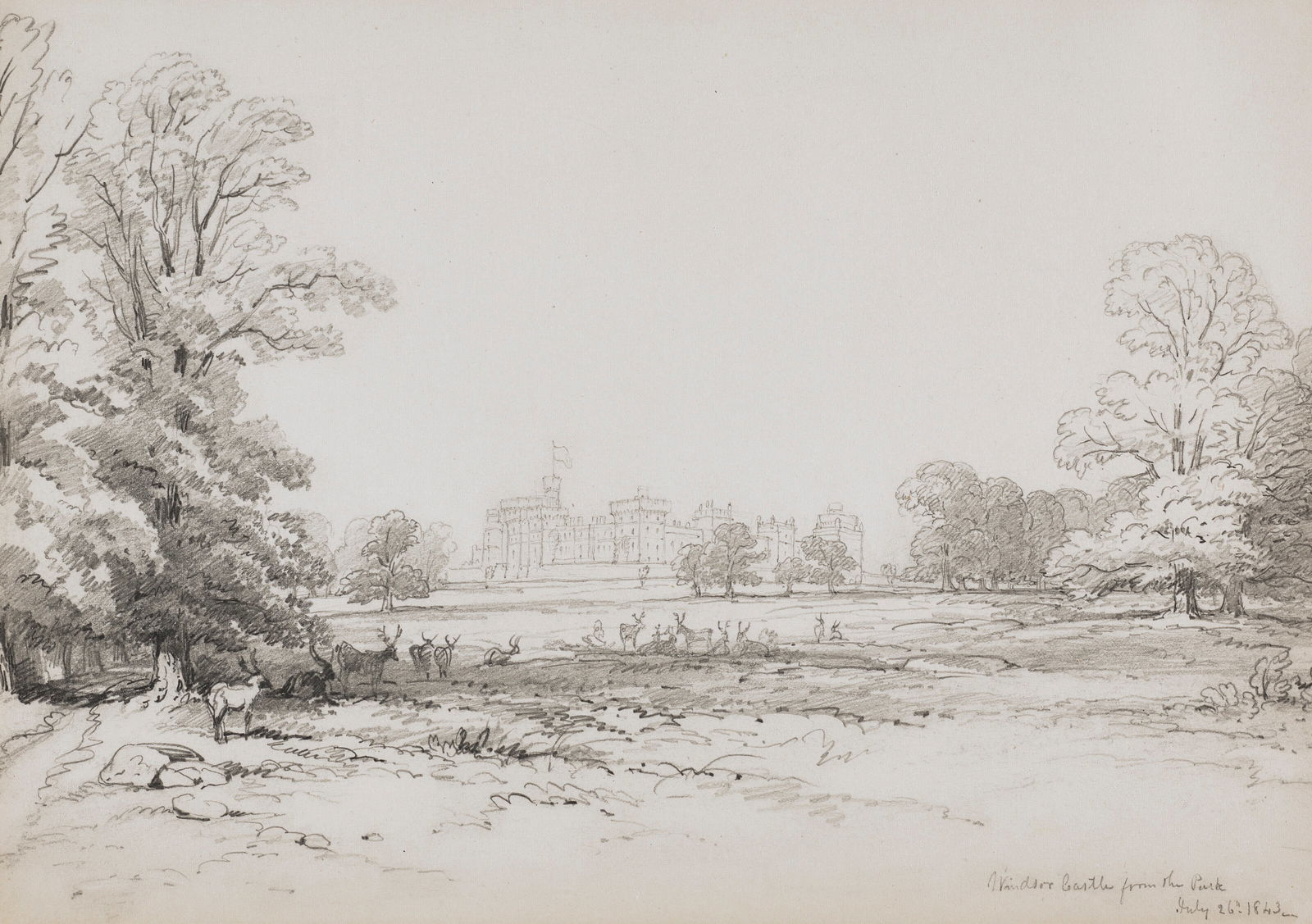 JOHN FREDERICK KENSETT (1816-1872) Windsor Castle from the Park: Details JOHN FREDERICK KENSETT (1816-1872) Windsor Castle from the Park inscribed with title and dated 'July 26th 1843' (lower right) pencil on paper 8 ¼ x 11 ½ in. (21 x 29.2 cm.) Executed