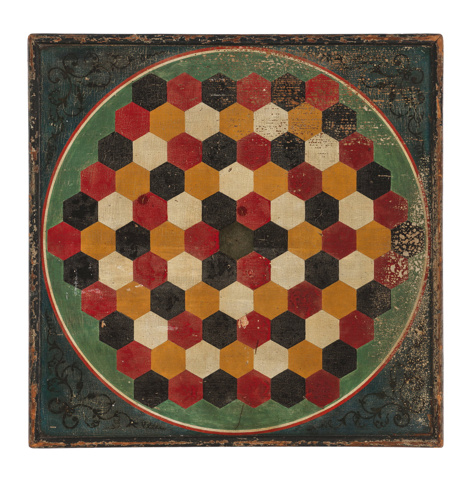 A DOUBLE-SIDED PAINT-DECORATED AGON GAME BOARD CIRCA 1890: A DOUBLE-SIDED PAINT-DECORATED AGON GAME BOARD CIRCA 1890 Details Framed: 19 3/4 x 19 3/4 in. (50.2 x 50.2 cm.) Literature Bruce and Doranna Wendel, Gameboards of North America (New York, The American