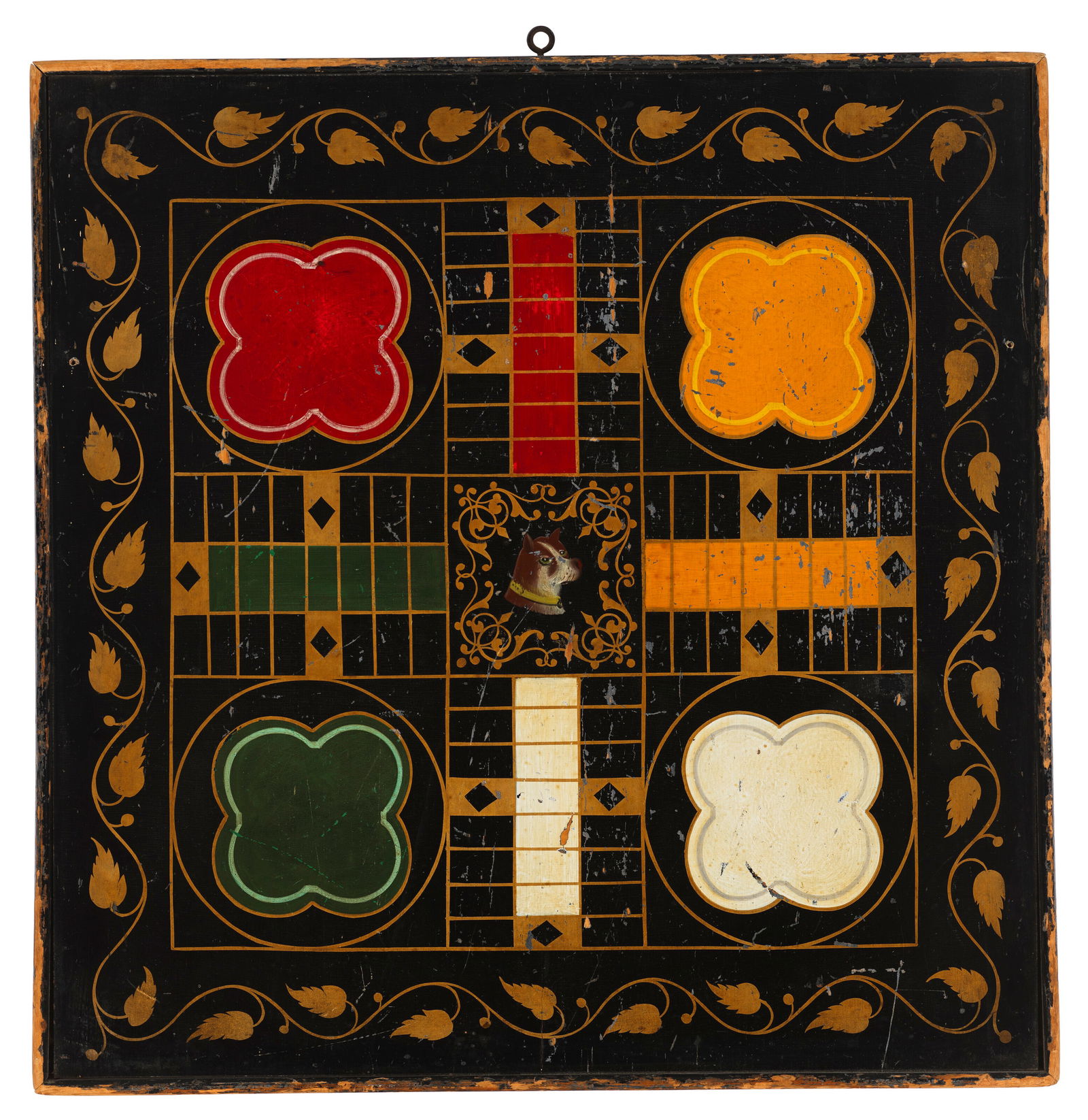 A DOUBLE-SIDED PAINT-DECORATED PARCHEESI BOARD BY JOHN HALL, DATED 1877 (1 of 2)