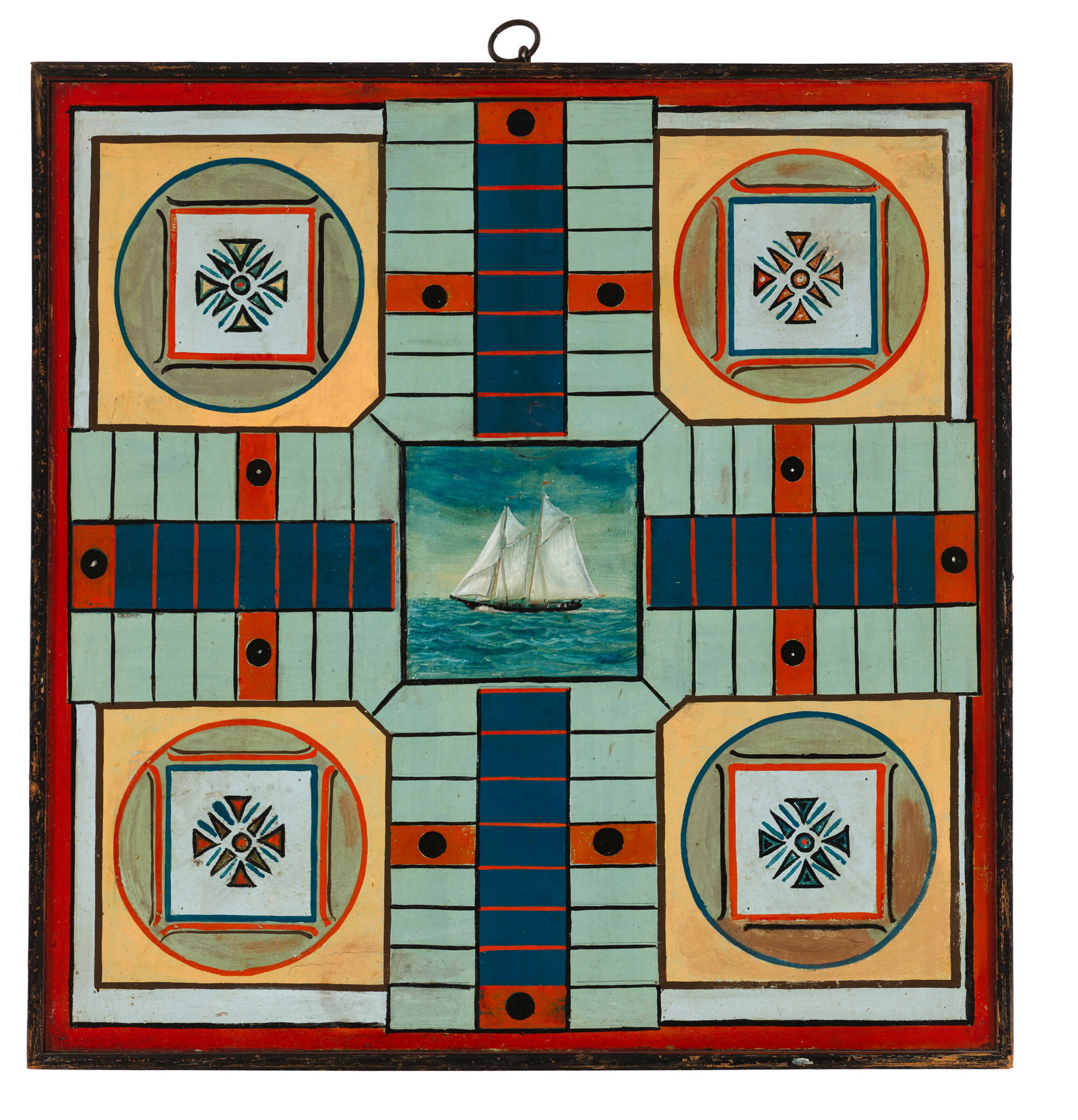 A DOUBLE-SIDED PAINT-DECORATED PARCHEESI BOARD PROBABLY MARTIME PROVINCES OF CANADA, 1850-1875: A DOUBLE-SIDED PAINT-DECORATED PARCHEESI BOARD PROBABLY MARTIME PROVINCES OF CANADA, 1850-1875 Details Framed: 15 1/4 x 15 in. (38.7 x 38.1 cm.) Provenance Robin Starr, Duxbury, Massachusetts Literatu