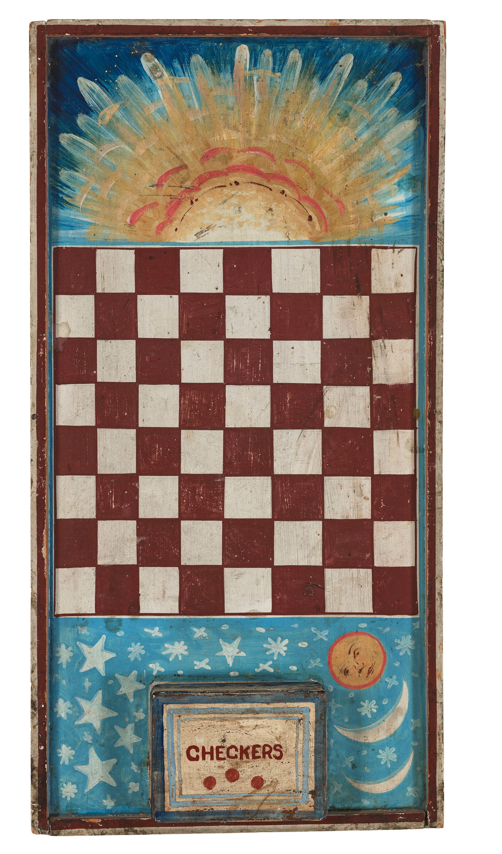 A PAINT-DECORATED AND TIN CHECKERED GAME BOARD LATE 19TH CENTURY: A PAINT-DECORATED AND TIN CHECKERED GAME BOARD LATE 19TH CENTURY Details signed in graphite Osgood (on reverse); together with original wood checkers game pieces Framed: 21 x 10 3/4 in. (53.3 x 27.3 c