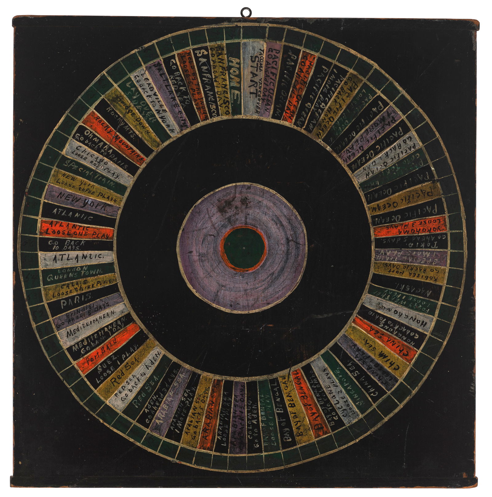 A DOUBLE-SIDED PAINT-DECORATED ‘AROUND THE WORLD’ GAME BOARD 19TH/20TH CENTURY: A DOUBLE-SIDED PAINT-DECORATED ‘AROUND THE WORLD’ GAME BOARD 19TH/20TH CENTURY Details 22 1/4 x 22 1/4 in. (56.5 x 56.5 cm.) Provenance Missouri Plain Folk, Sikeston, Missouri Literature E