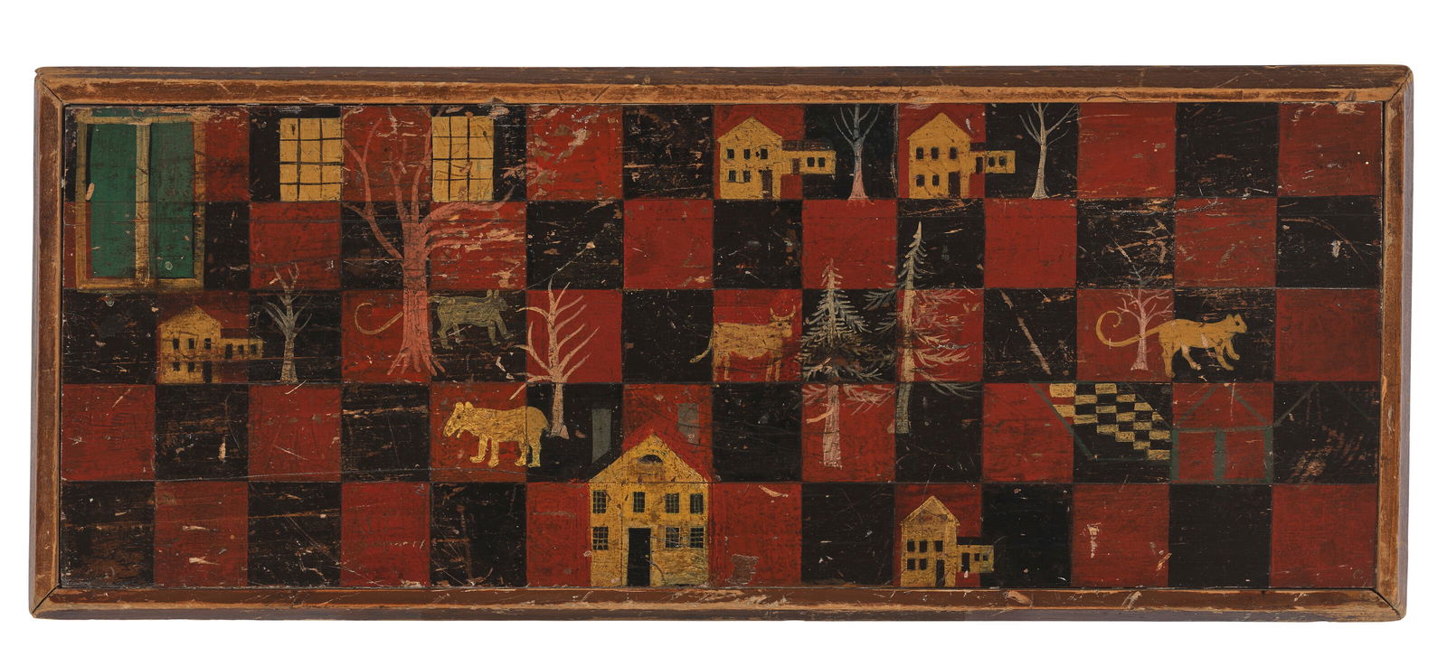 A PAINT-DECORATED PINE CHECKERED GAME BOARD CIRCA 1860 (1 of 2)