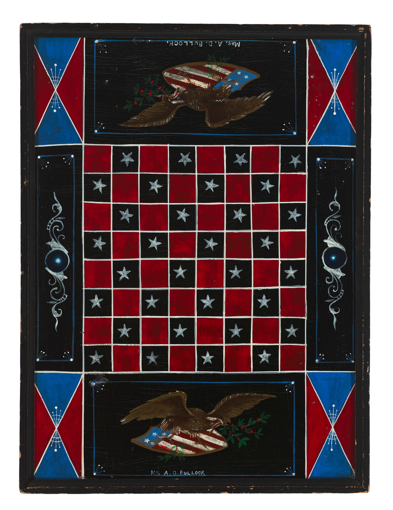 A PAINT-DECORATED CHECKERED GAME BOARD PROBABLY BY ANTHONY DAVIS BULLOCK (1824-1890), CINCINNATI,: A PAINT-DECORATED CHECKERED GAME BOARD PROBABLY BY ANTHONY DAVIS BULLOCK (1824-1890), CINCINNATI, OHIO, 19TH CENTURY Details signed twice MR. A.D. BULLOCK (upper and lower edge) Framed: 24 3/4 x 18 1/