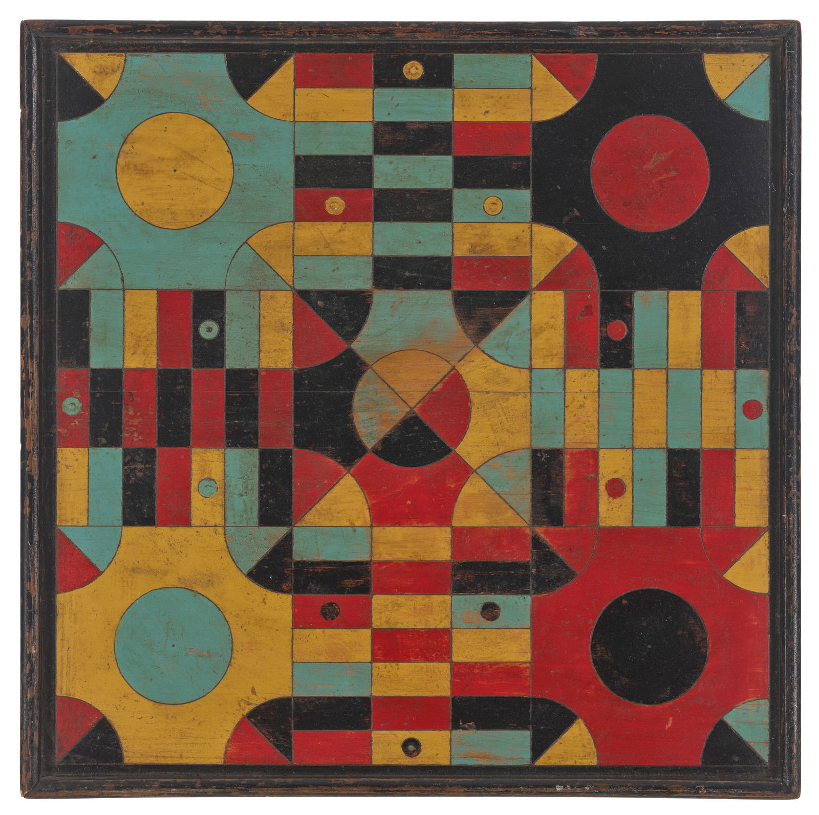A POLYCHROME PAINT-DECORATED WOOD PARCHEESI GAMEBOARD AMERICAN, LATE 19TH CENTURY: A POLYCHROME PAINT-DECORATED WOOD PARCHEESI GAMEBOARD AMERICAN, LATE 19TH CENTURY Details Framed: 19 1/2 x 19 1/2 in. (49.5 x 49.5 cm.) Provenance America Hurrah, New York, February 1991
