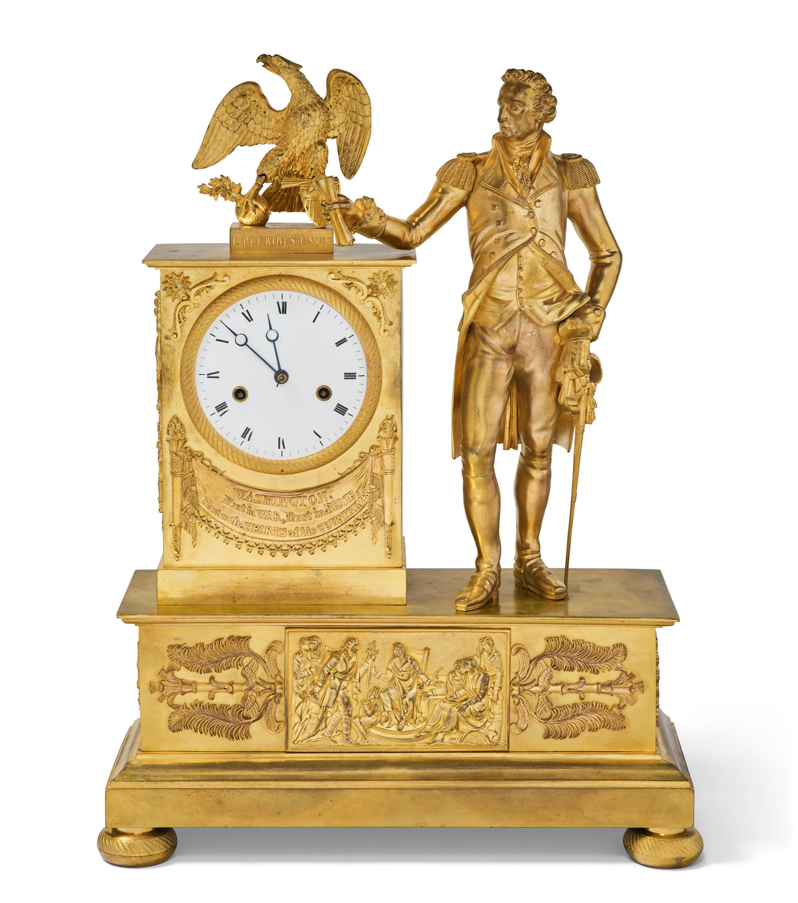 A GILT BRONZE MANTEL CLOCK WITH A FIGURE OF GEORGE WASHINGTON ATTRIBUTED TO JACQUES NICOLAS PIERRE (1 of 5)