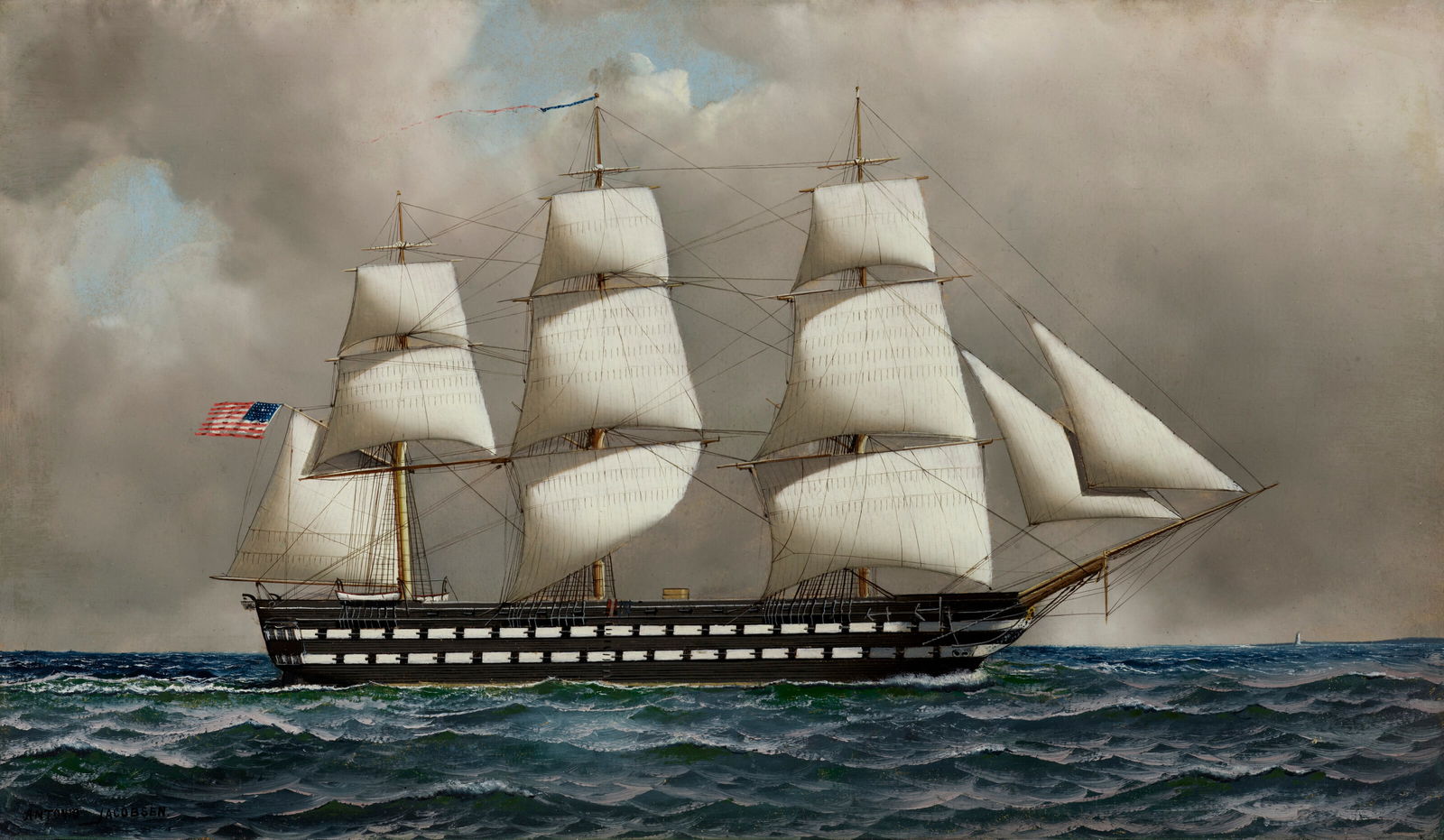 ANTONIO NICOLO GASPARO JACOBSEN (1850-1921) U.S. Ship-of-the-Line: ANTONIO NICOLO GASPARO JACOBSEN (1850-1921) U.S. Ship-of-the-Line Details ANTONIO NICOLO GASPARO JACOBSEN (1850-1921) U.S. Ship-of-the-Line signed Antonio Jacobsen. (lower left) oil on board 14 x 23 3