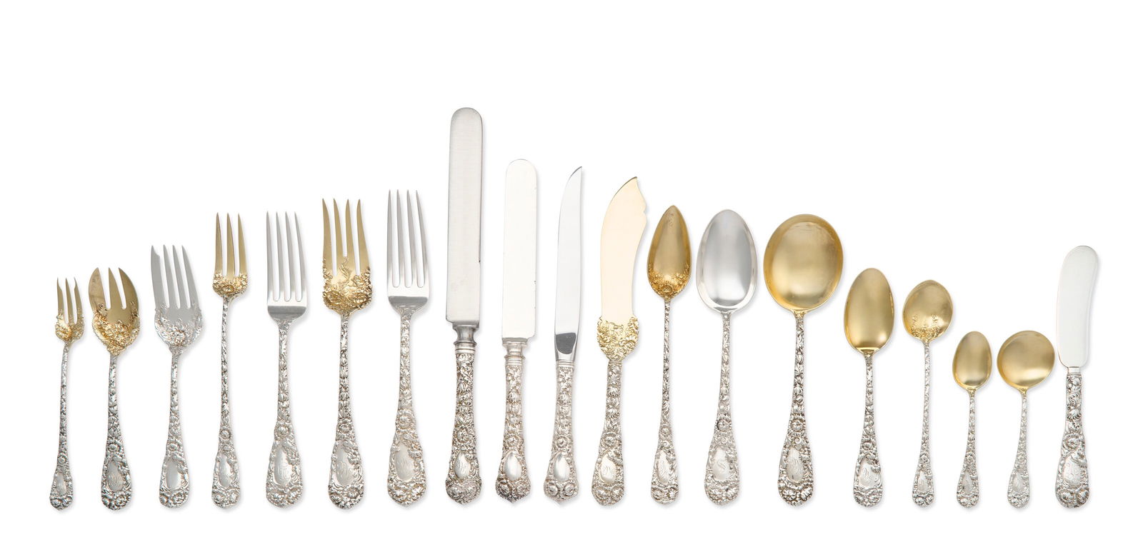 AN ASSEMBLED AMERICAN PARCEL-GILT SILVER TABLE SERVICE MARK OF WILLIAM B. DURGIN CO., CONCORD, NEW: AN ASSEMBLED AMERICAN PARCEL-GILT SILVER TABLE SERVICE MARK OF WILLIAM B. DURGIN CO., CONCORD, NEW HAMPSHIRE, EARLY 20TH CENTURY Details Chrysanthemum pattern, variously engraved, comprising: Twelve d