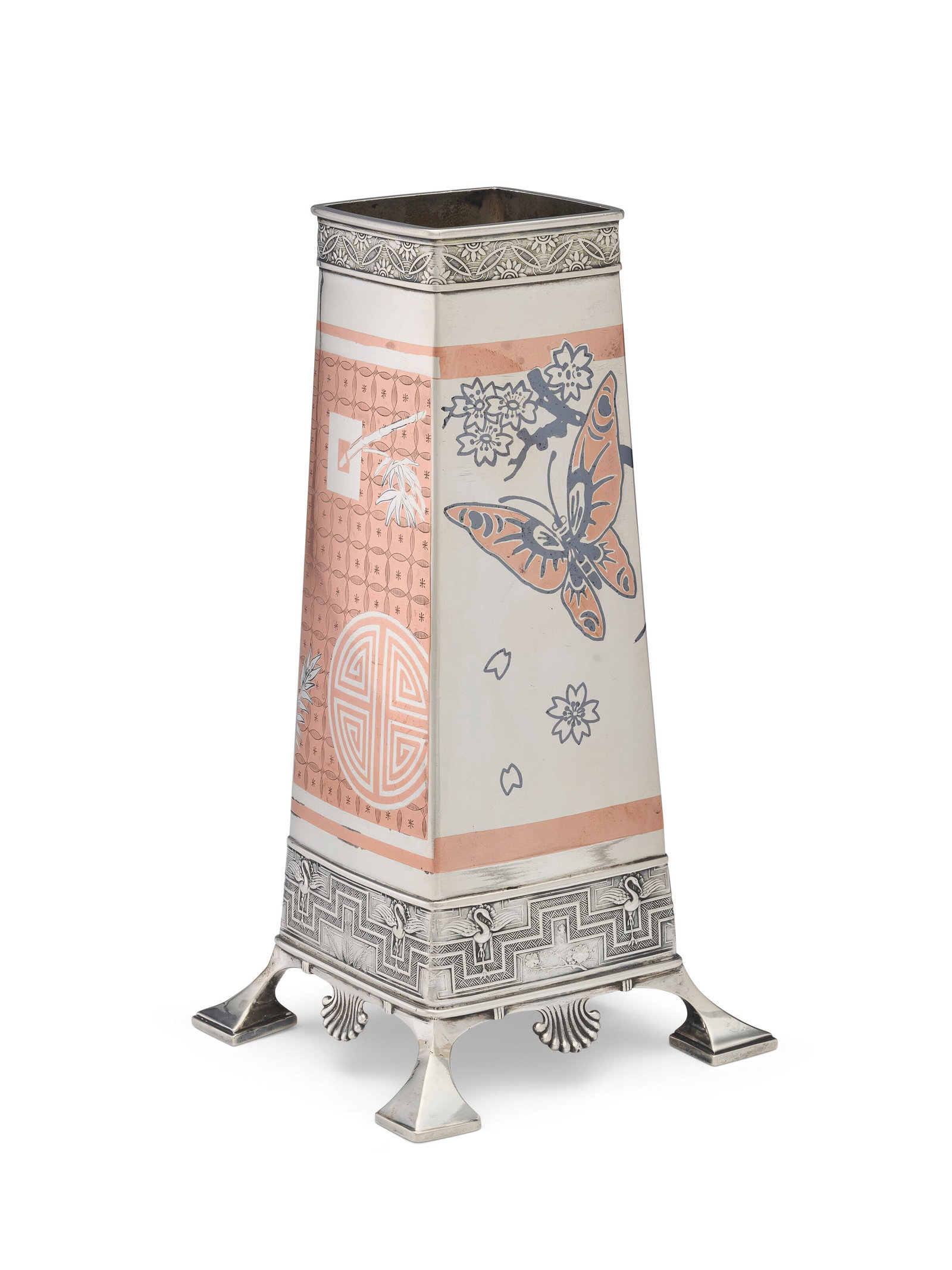 AN AMERICAN SILVER AND MIXED METAL VASE MARK OF TIFFANY & CO., NEW YORK, CIRCA 1880: AN AMERICAN SILVER AND MIXED METAL VASE MARK OF TIFFANY & CO., NEW YORK, CIRCA 1880 Details Tapering rectangular, the sides decorated in copper and niello with Japonesque scenes of a crane with bamboo