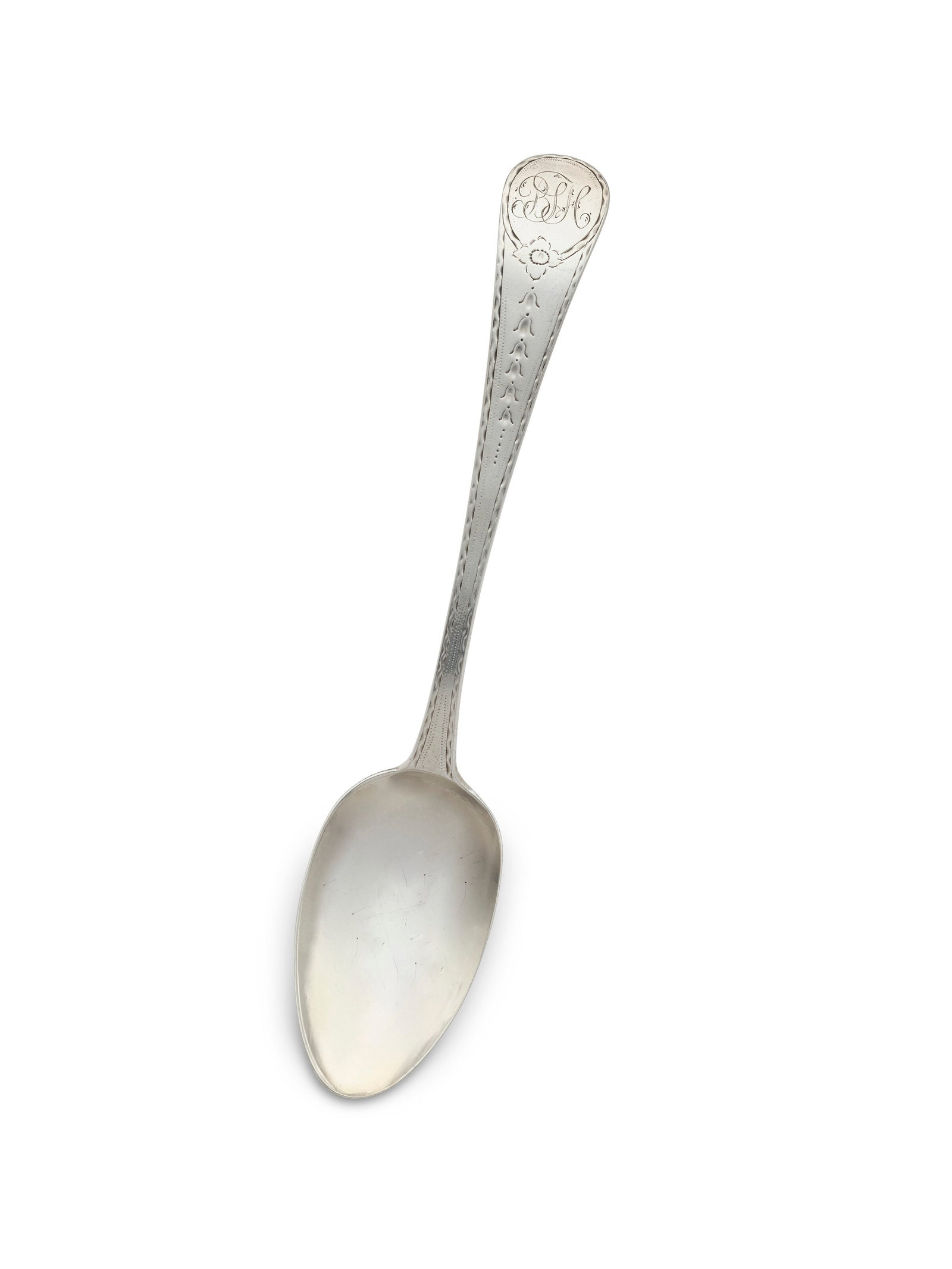 AN AMERICAN SILVER TABLESPOON MARK OF PAUL REVERE JR., BOSTON, MASSACHUSETTS, CIRCA 1785: AN AMERICAN SILVER TABLESPOON MARK OF PAUL REVERE JR., BOSTON, MASSACHUSETTS, CIRCA 1785 Details The handle bright-cut engraved with a wavy border, the terminal with a cartouche centering script monog