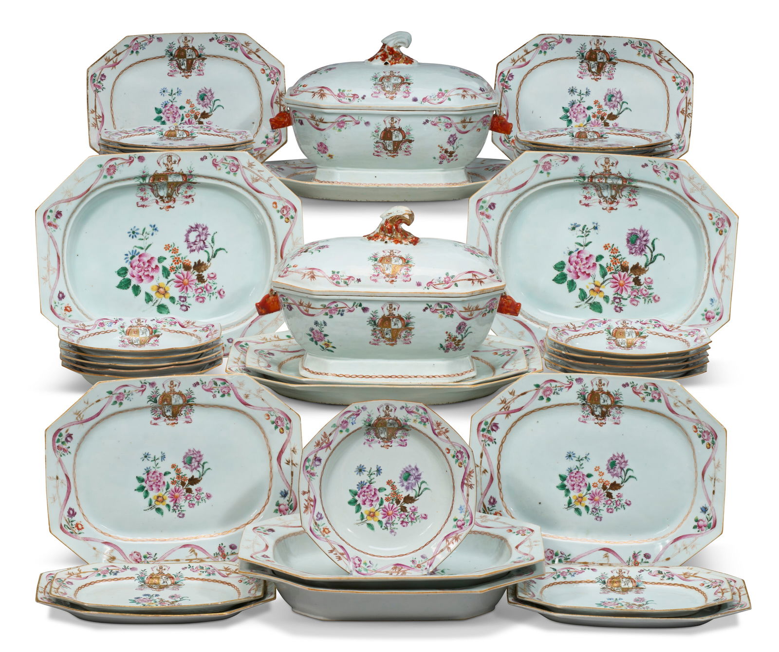 A CHINESE EXPORT PORCELAIN FAMILLE ROSE ARMORIAL PART DINNER SERVICE QIANLONG PERIOD, CIRCA 1760 (1 of 6)
